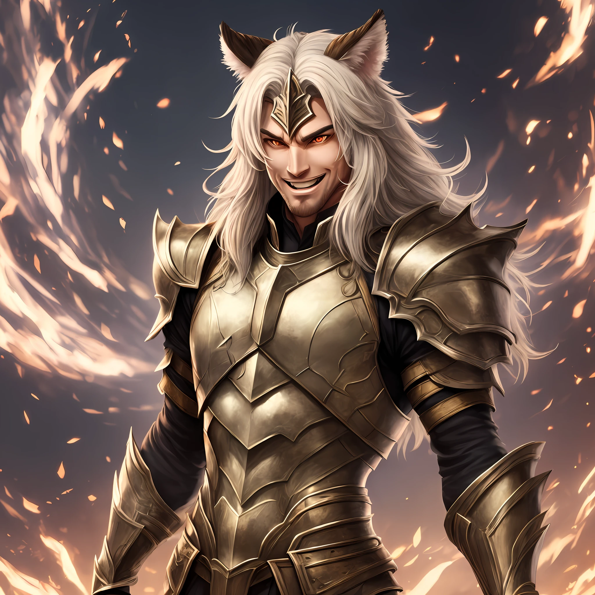 Male human character with Bengal tiger ears, red eyes, long white hair, with cheerful expression, wearing a light armor with open space showing part of the torso where he has a scar.