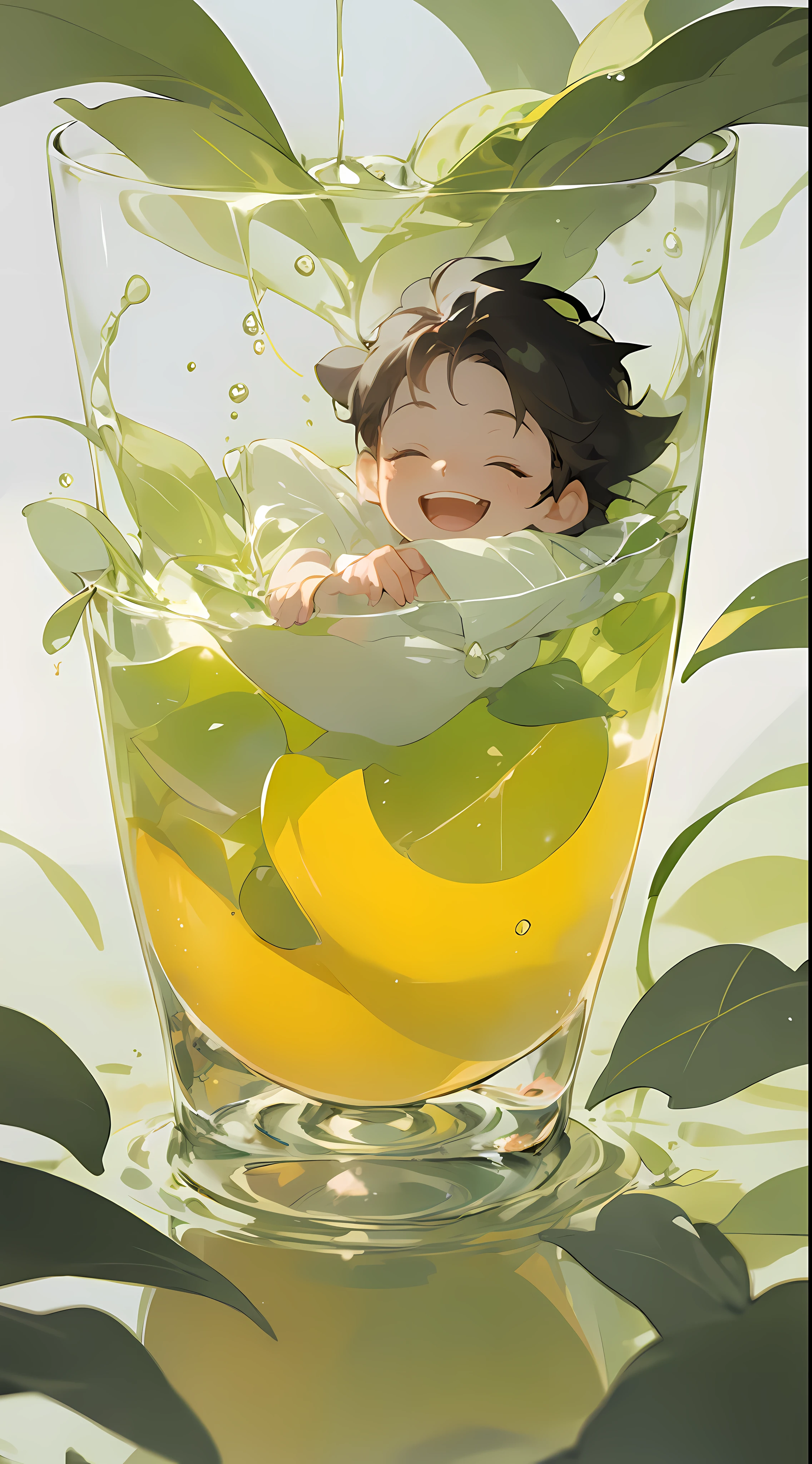 A little boy lies in a glass, laughing, cool liquid, sunlight, shade,