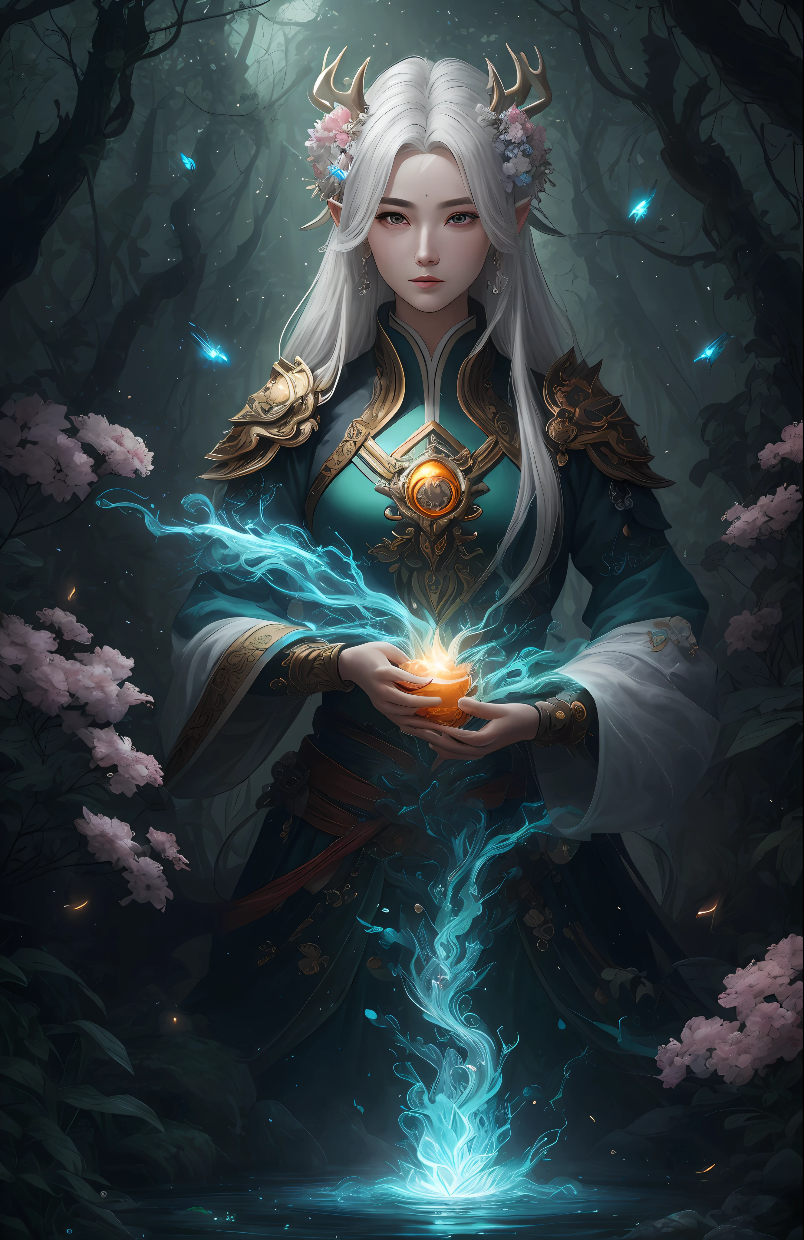 Masterpiece, best quality, (very detailed CG unified 8k wallpaper), (best quality), (best illustration), (best shadow), close-up of a beauty with white hair and white mask, beautiful figure painting, Guvitz, Guwiz style artwork, white-haired god, Yang J, epic exquisite character art, amazing character art, Fan Qi, Wu Zhun Shifan, Guwiz in pixiv art station, glowing elf, with a glowing deer, drinking water in the pool, Natural elements in forest theme. Mysterious forest, beautiful forest, nature, surrounded by flowers, delicate leaves and branches surrounded by fireflies (natural elements), (jungle theme), (leaves), (branches), (fireflies), (particle effects) and other 3D, Octane rendering, ray tracing, super detailed