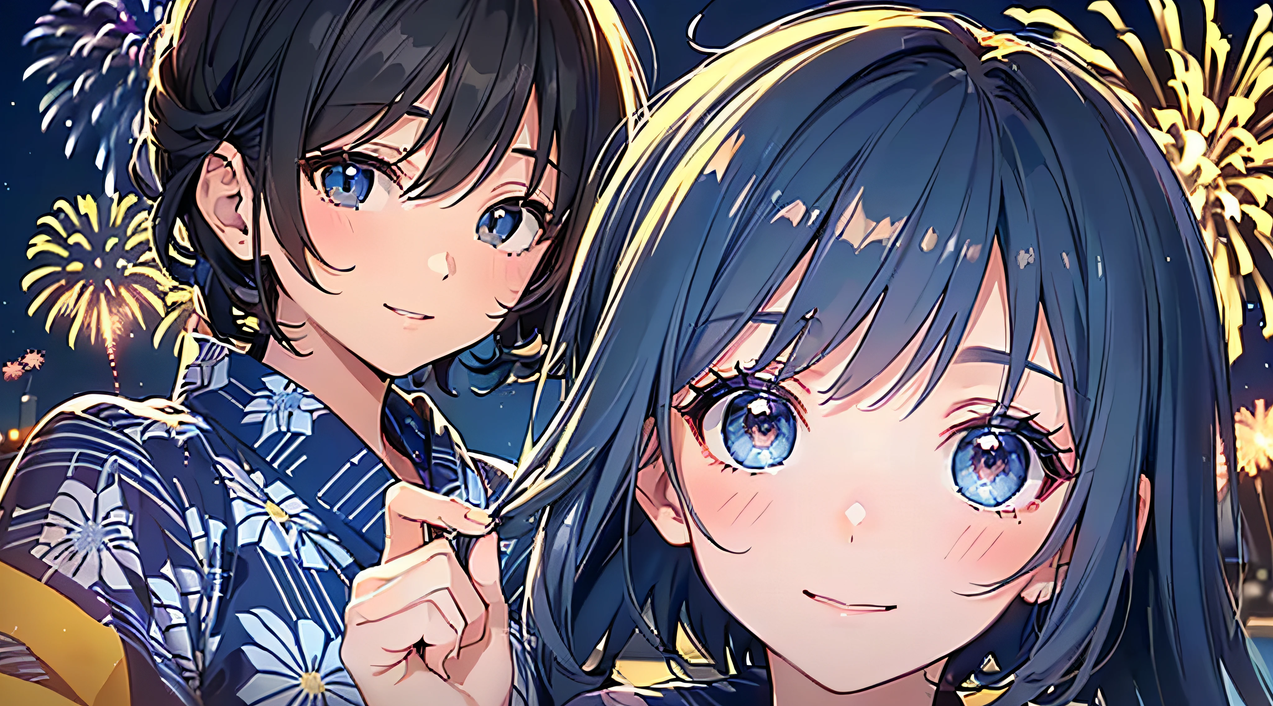 (Best Quality) +, (Masterpiece) ++, (Super Detailed) ++, ((Add Layer)),(Looking away),Black Hair, Cute, Cute, (((Hanging Eyes)),1 Girl, Multiple Fireworks in the Night Sky, Location: Japan Yokohama, Yokohama Kawabe, (((Blue Sazanka Yukata on Dark Blue Background)), Night, Cloudless Sky, Happy Girl,empty-handed