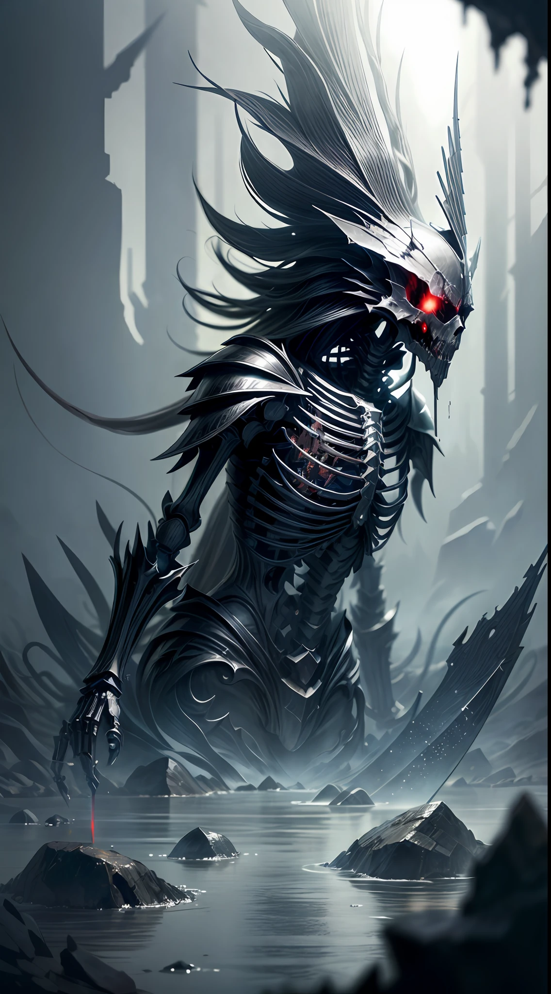 Stand witness to the formidable sight of the skeleton knight, a non-humanoid monster, as it brandishes its terrifying power. In its four hands, the knight wields two large, long swords, dripping with bloodstains that mark the remnants of its merciless conquests. The swords, crafted with malevolence, possess a wicked elegance in their design, their jagged edges and cruel serrations reflecting the knight's insatiable thirst for carnage. The knight's skeletal frame, adorned with bone armor and draped in moss and mud, adds to the aura of dread that surrounds it. Realistic Photography, employing a wide-angle lens to capture the chilling presence of the knight and the ominous glint of its blood-stained swords, 4 hands, 1 legs, 2 heads,