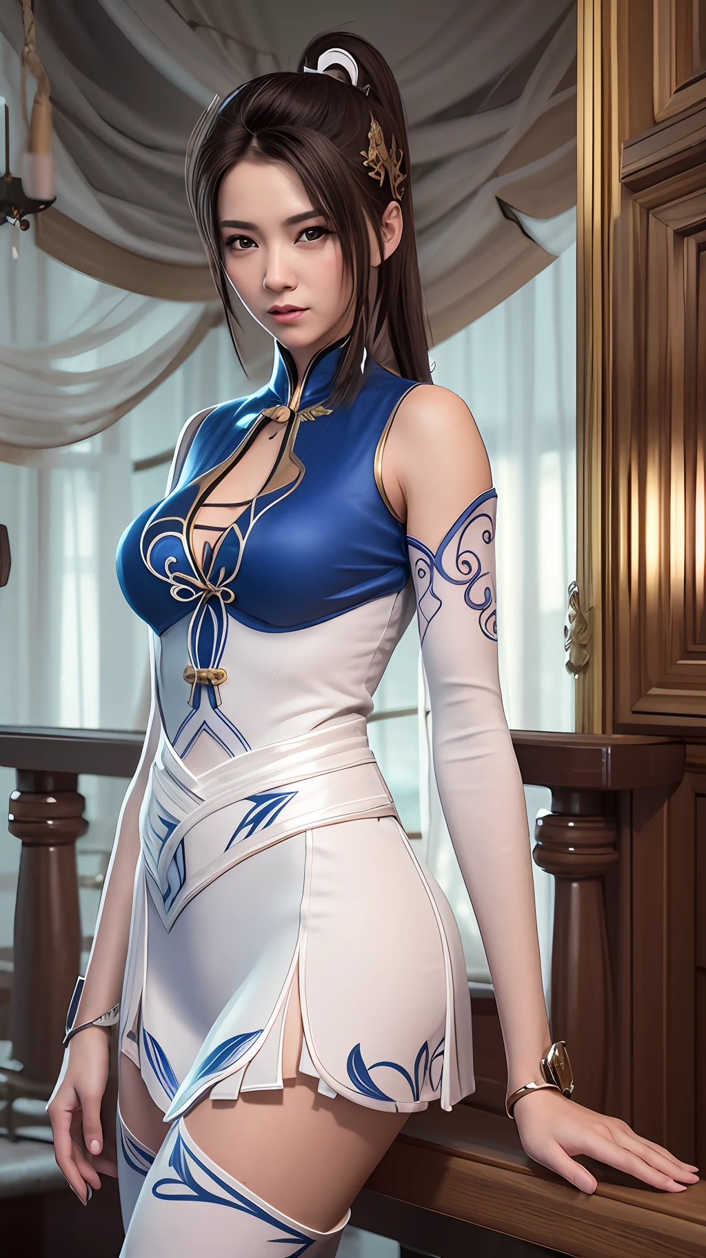 a close up of a woman in a white outfit posing for a picture, chun li, smooth white tight clothes suit, 3 d render character art 8 k, portrait of chun li, full body xianxia, portrait of chun - li, game cg, chun-li, chun - li, fighting game character, ruan jia and artgerm