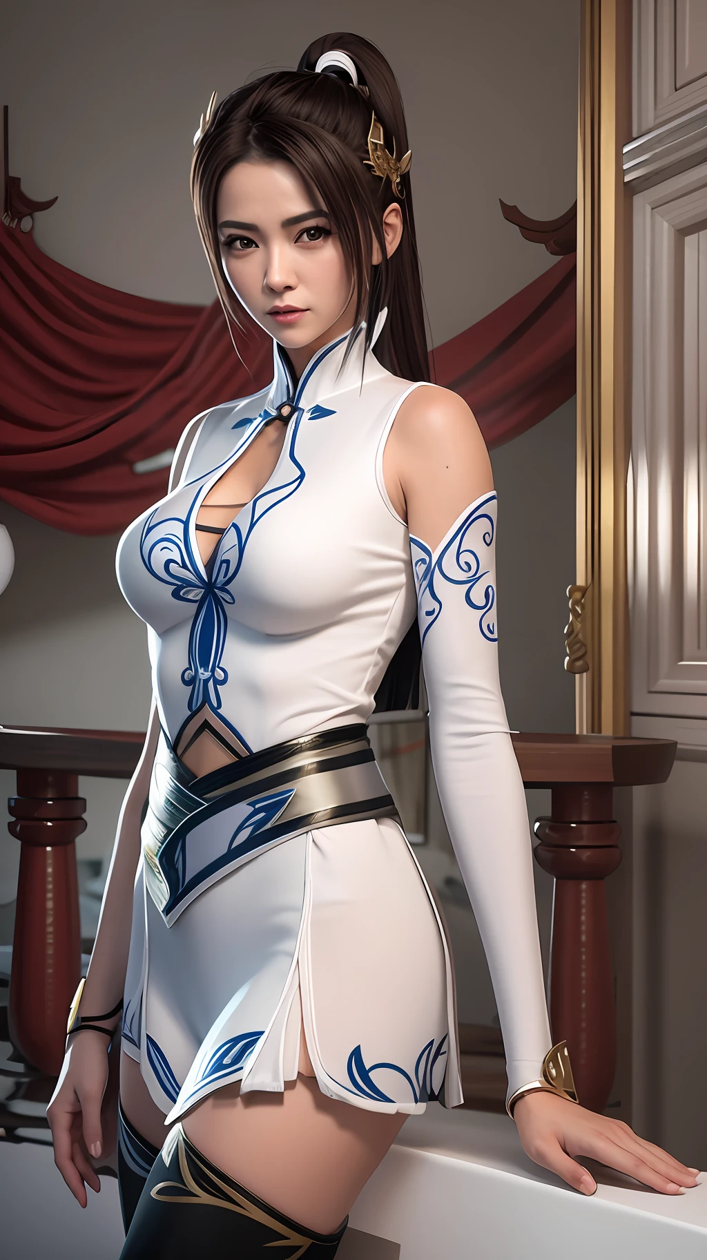 a close up of a woman in a white outfit posing for a picture, chun li, smooth white tight clothes suit, 3 d render character art 8 k, portrait of chun li, full body xianxia, portrait of chun - li, game cg, chun-li, chun - li, fighting game character, ruan jia and artgerm