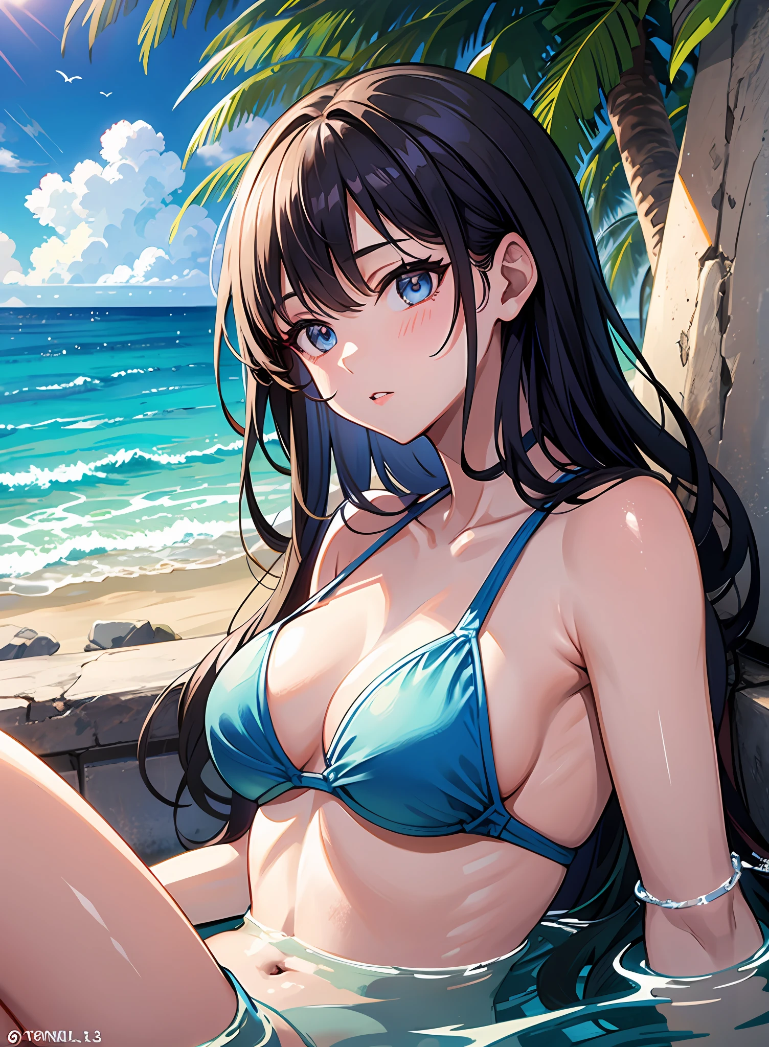 Fantasy, (upper body: 1.2), (bottom: 1.3), 191971 swimsuit, sexy bikini, (bikini: 1.2), very long hair, boobs, small breasts, small breasts, micro-breasts, bare shoulders, sky, ocean, water, looking at the audience, Italian, head tilt, wind, clouds, sunlight, outdoors, 1GIRL, SOLO, BREAK,