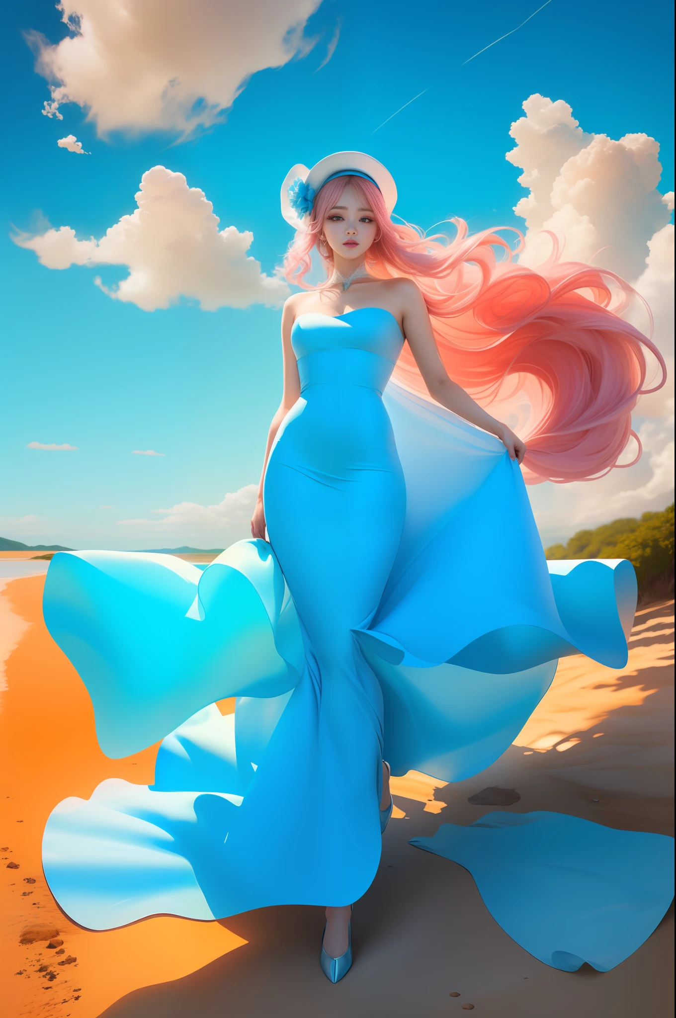 (8k, RAW photo, photorealistic:1.25) ,( lip gloss, eyelashes, glossy side, shiny skin, best quality, ultra high resolution, depth of field, chromatic aberration, caustics, wide light, natural shadow, headwear, Kpop idol) , light pink and blue style, 1girl, (blue sky: 1.5), tall and thin beauty goddess, flowing dress, conservative girl, cloud goddess, flowing white fabric, wearing a flowing dress, Super long dress, realistic, (background with blue sky and white clouds: 1.4), (wind: 1.5), (full body: 1.5), add_detail,