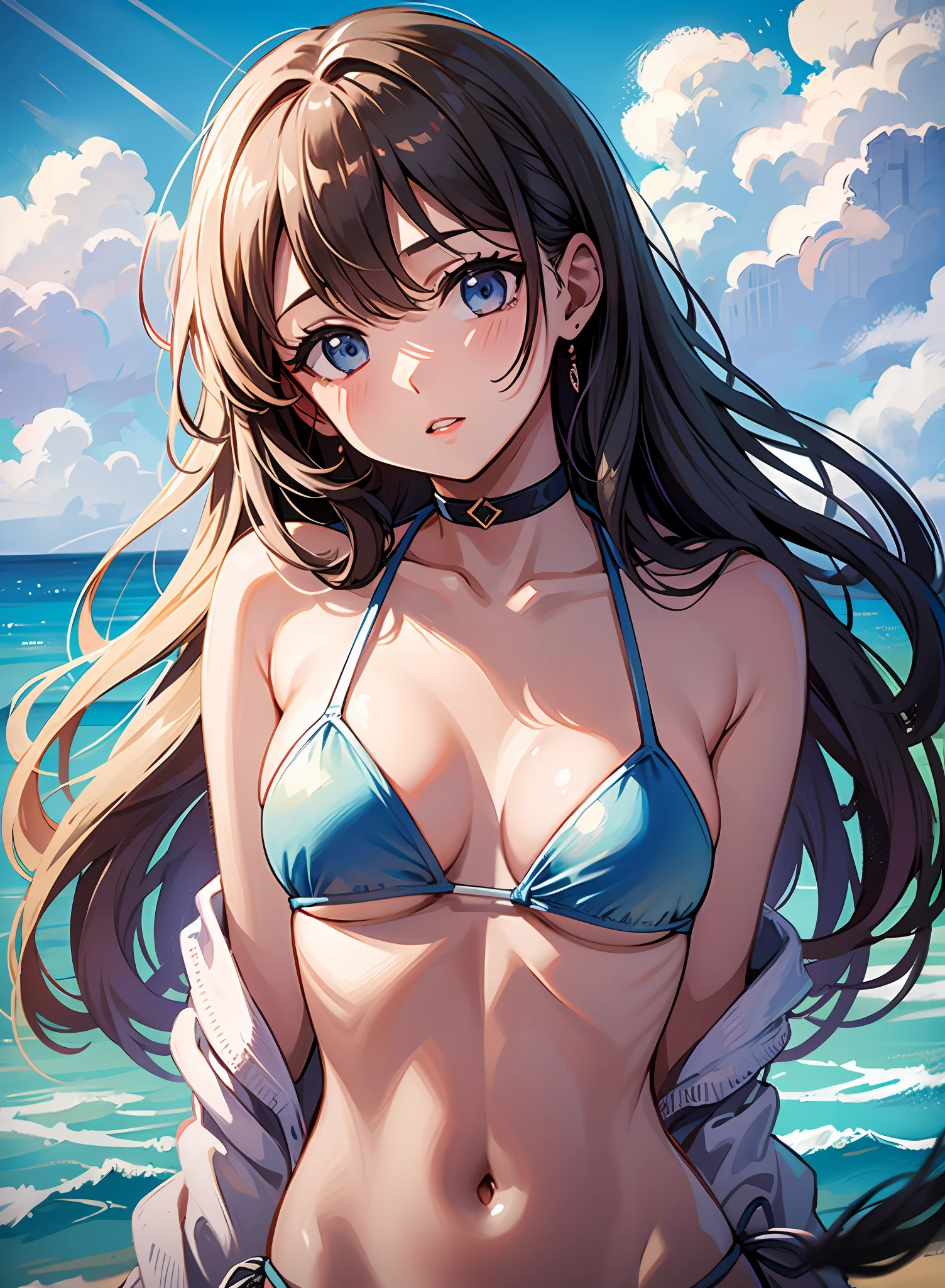 Fantasy, (upper body: 1.2), (bottom: 1.3), 191971 swimsuit, sexy bikini, (bikini: 1.2), very long hair, boobs, small breasts, small breasts, micro-breasts, bare shoulders, sky, ocean, water, looking at the audience, Italian, head tilt, wind, clouds, sunlight, outdoors, 1GIRL, SOLO, BREAK,