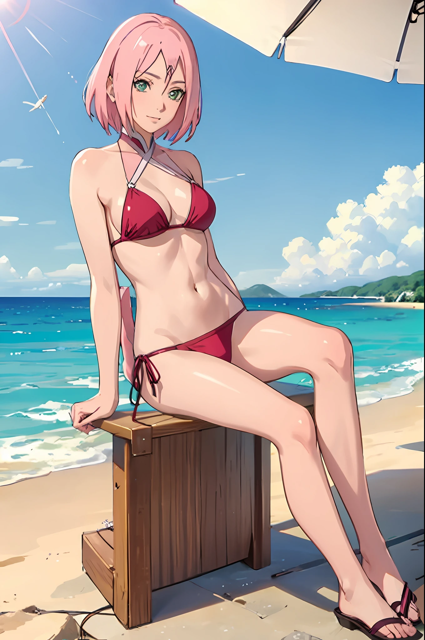 haruno sakura, side tie bikini, medium breast, slim legs, sunny day, Beach, leaning