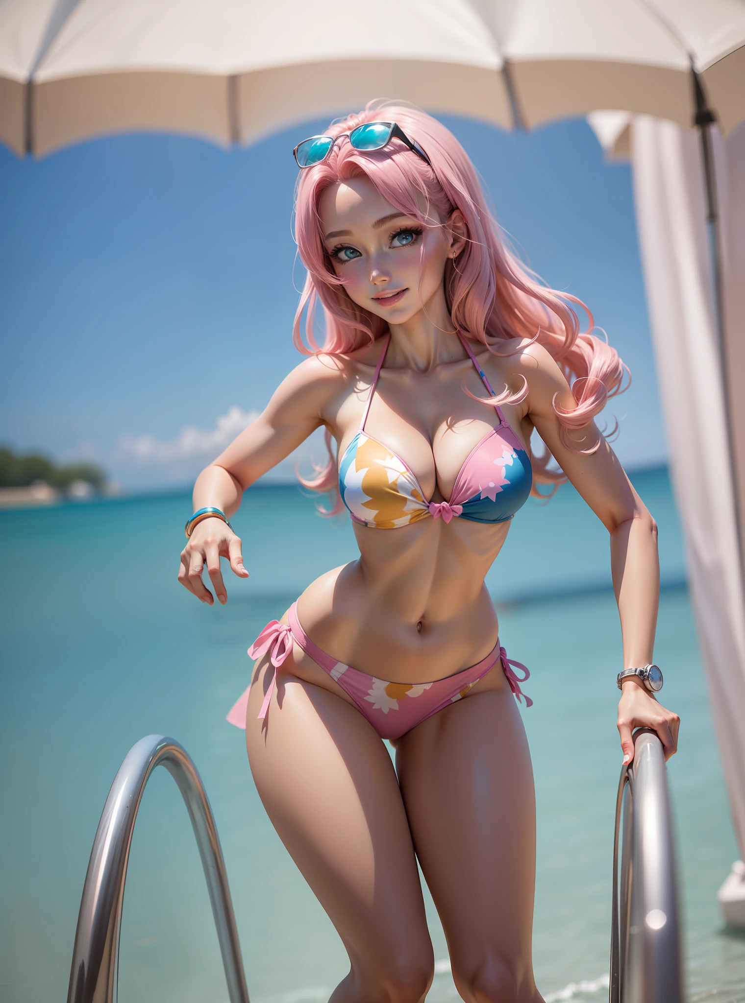 anime, manga style, barbie doll in pink style, with pink hair, innocent happy face, white skin, blue eyes, pink bikini and skirt, best quality --auto --s2