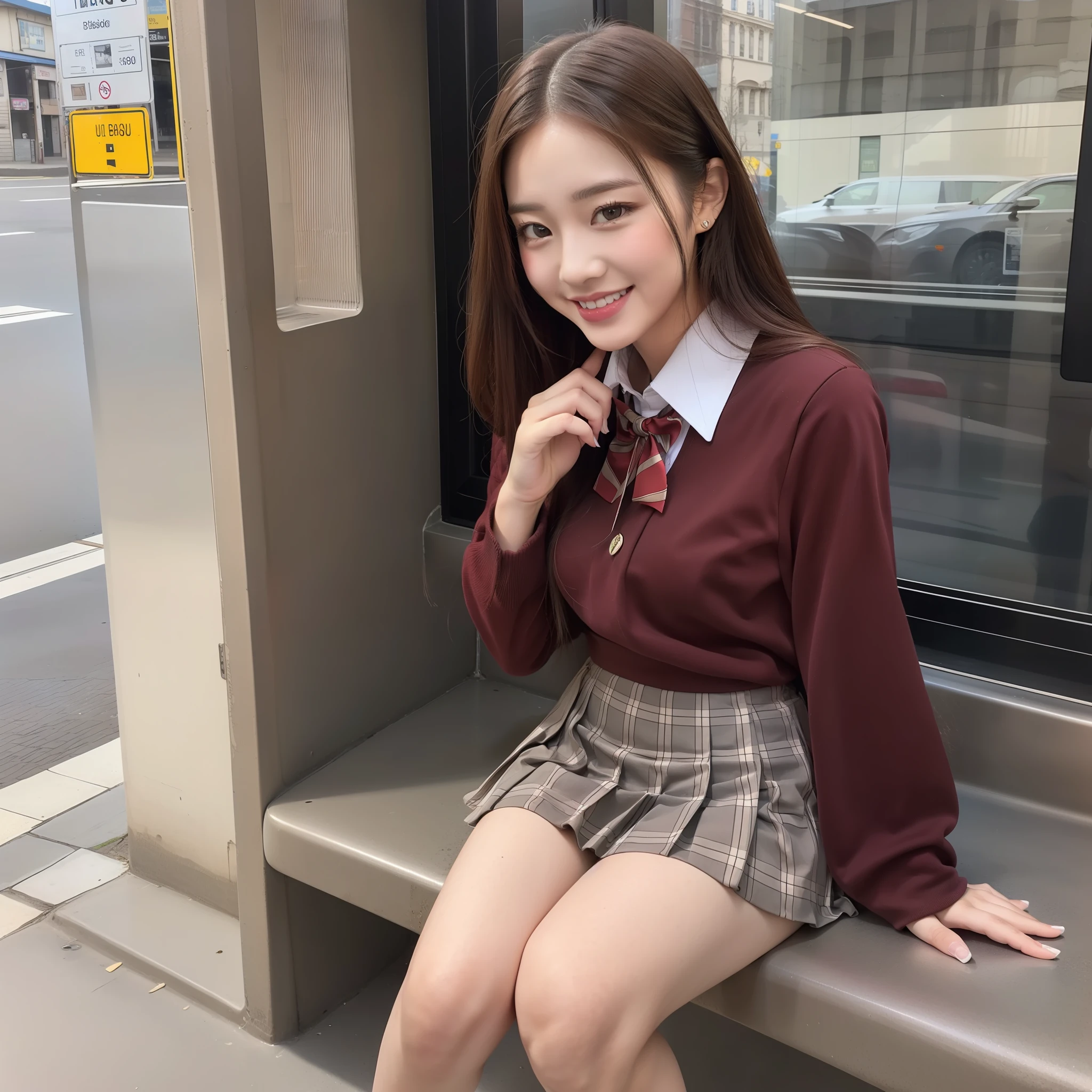 (Realistic, Photorealistic: 1.37), (Masterpiece), (Best Quality: 1.4), (Ultra High Resolution: 1.2), (RAW Photo: 1.2), (Sharp Focus: 1.3), (Facial Focus: 1.2), Elegant, (Full Body: 1.2), Best Quality, Masterpiece, (Realism: 1.2), A Girl, Brown Hair, Brown Eyes, Frontal, Detailed Face, Beautiful Eyes, Pleated Mini-Skirt School Uniform, Sitting at a Bus Stop (1.5), Biting Smile, Lots of Eyelashes, High Heels, Very pretty