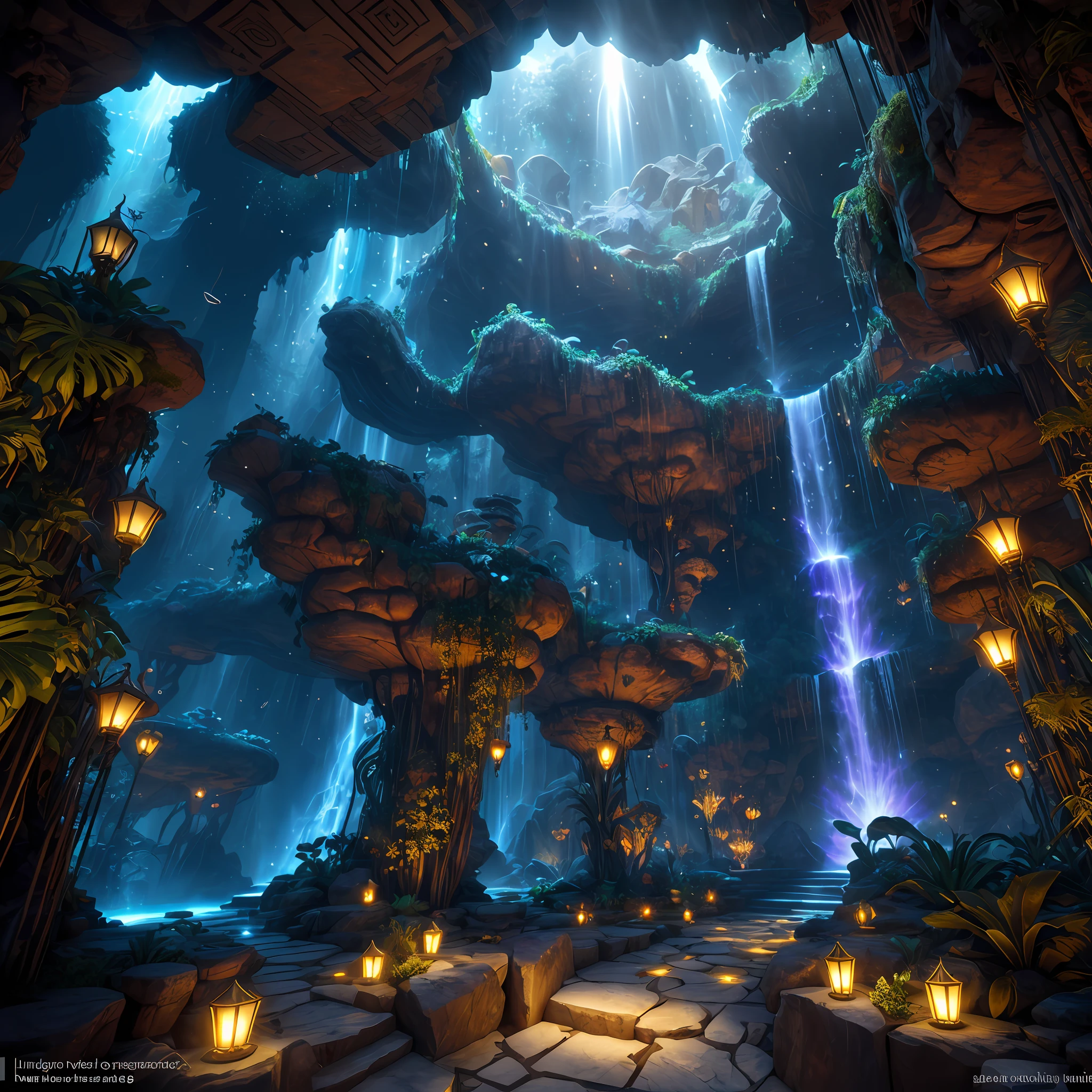 incredible Na'vi-inspired luxurious futuristic store interior in Ancient Egyptian style with many ((lush plants)) (lotus flowers), ((palm trees)), rocky walls, (sand), ((waterfalls)) (marble), ((precious minerals)), ((metals)), (gemstones), crystals, clouds and ((water)), (hieroglyphics), ((trees and plants made out of gemstones and precious minerals and lights)), (((ultra luxury))), (black marble) – with ((beautiful lights)), Labyrinth of beautiful stone, Unreal Engine, HQ, 16k