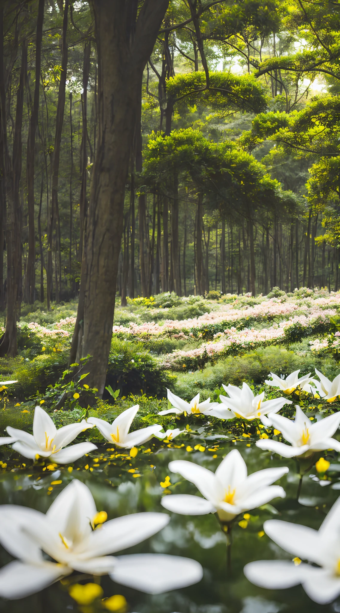 A charming and ethereal flowery field with many white lilies amid a lush forest of vines with greenish branches and spiked in the background, illuminated by a soft sacred angelic light. High detail Photorealistic depth of field with foreground blur, wide-angle, National Geographic style. No humans