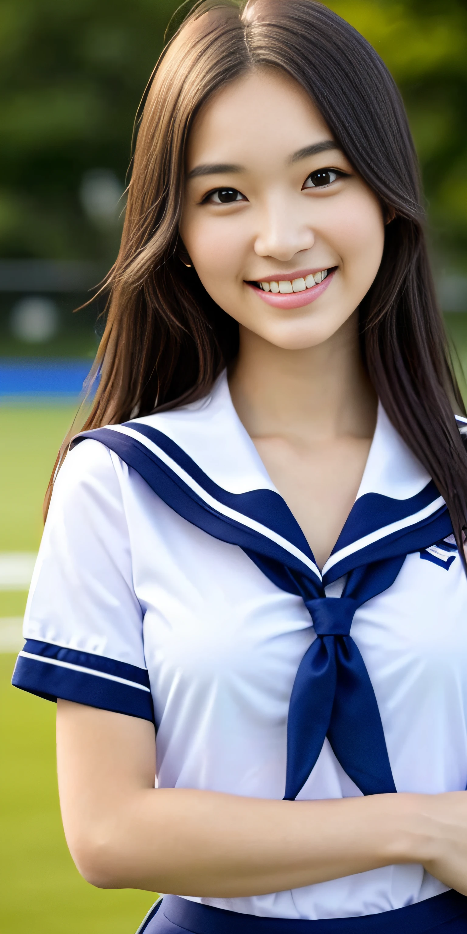 neat college girl, (school uniform, sailor uniform, ribbon tied at chest, summer clothes, upper body white, skirt dark blue, short sleeves), outside the athletic field, (slim), photorealistic, detail, skin texture, ultra detail, delicate and sexy collarbone, smile, super detailed face, detailed lips, detailed eyes, double eyelids, small breasts, small breasts, small, flat breasts, breast emphasis