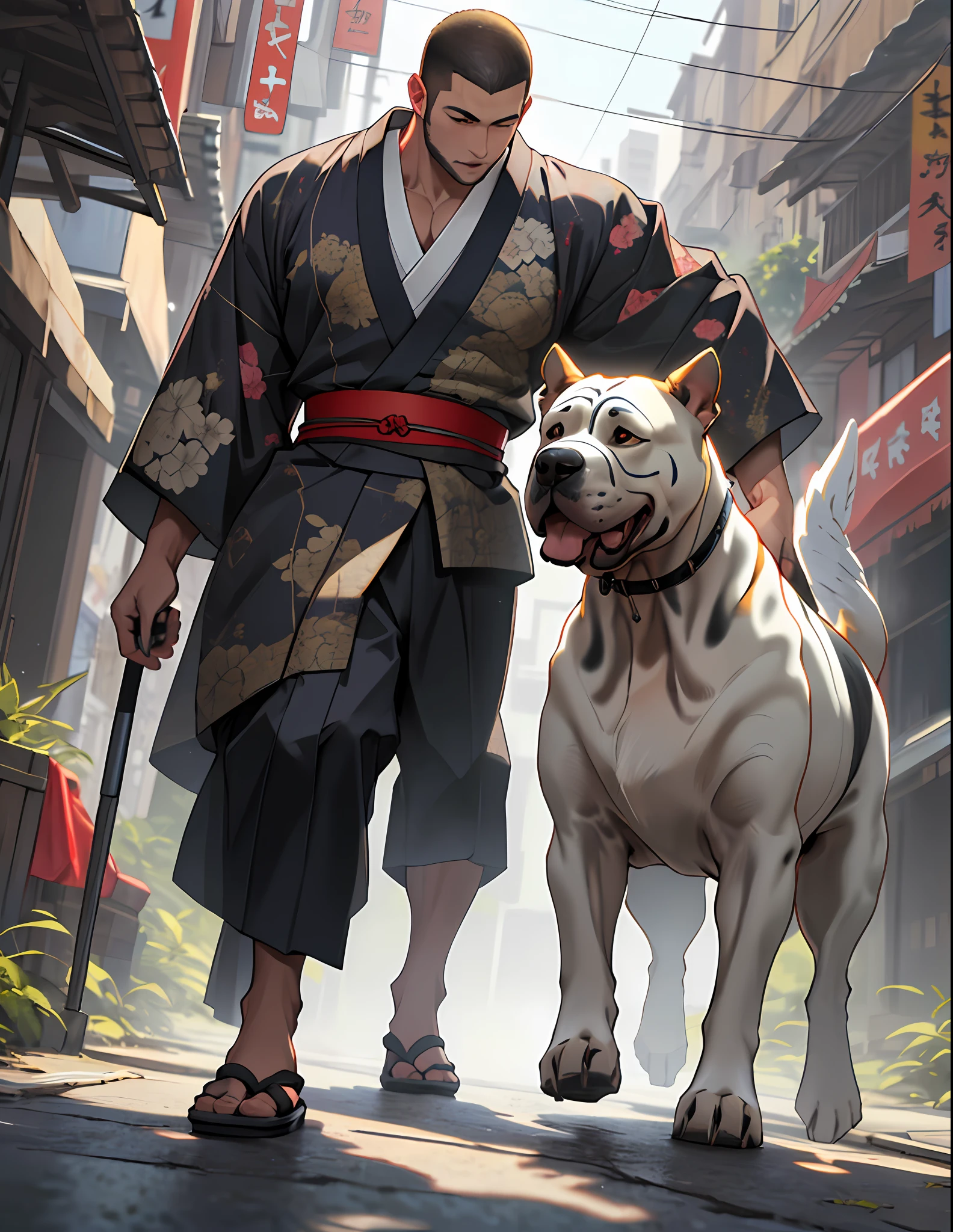 ((Bull terrier, chow chow , American bully,)) Anthropomorphic Angeldog, Bulldog, breed, kimono dress, walking, intricate detail, Futobot, intricate Greebles pieces, Golden city behind. 8k
