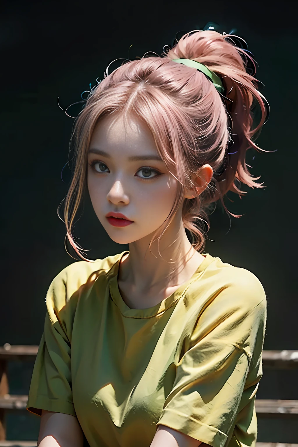 "pink-haired girl with a stylish ponytail, wearing a vibrant green top, in the atmospheric ambiance of the night."