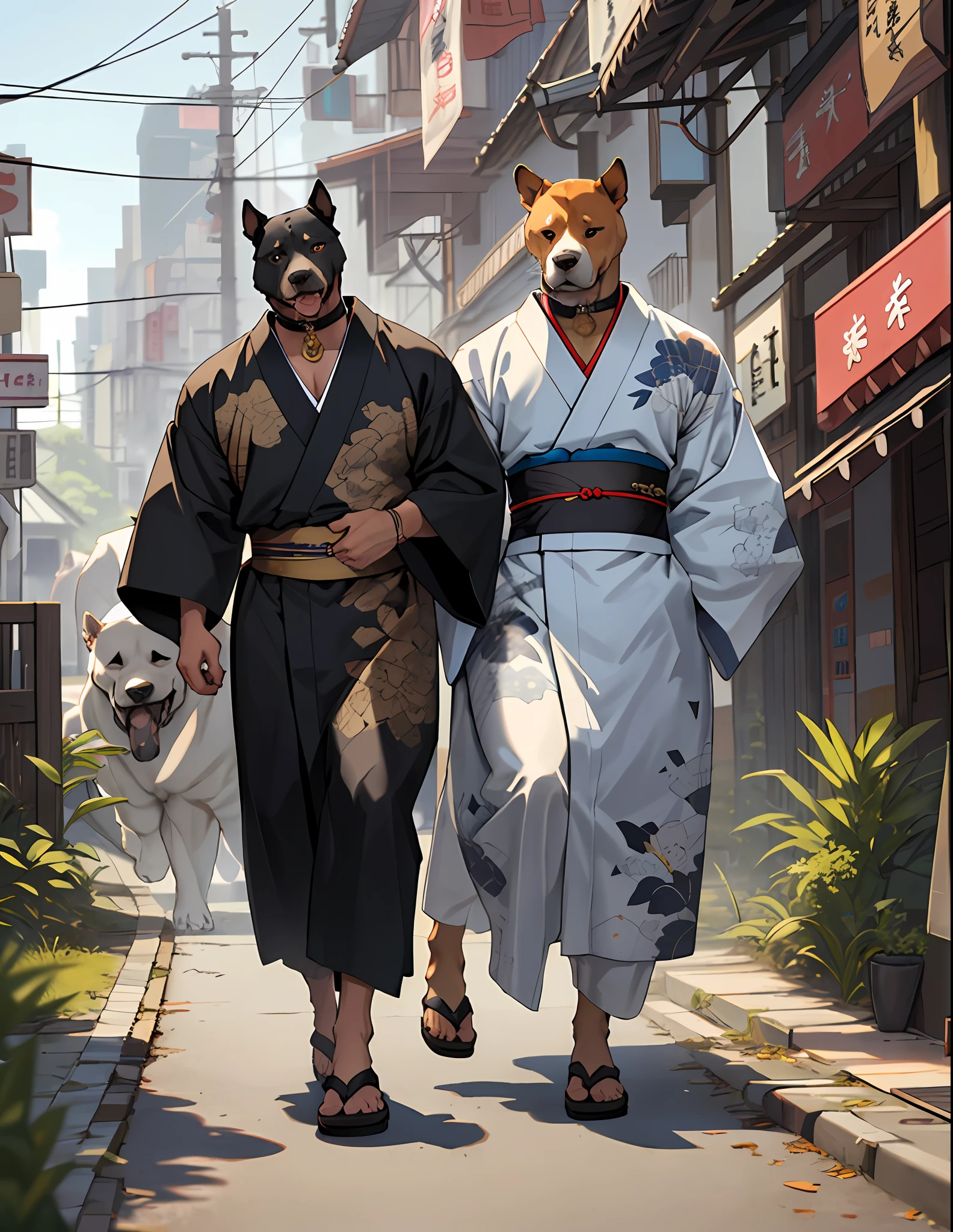 ((Bull terrier, chow chow , American bully,)) Anthropomorphic Angeldog, Bulldog, breed, kimono dress, walking, intricate detail, Futobot, intricate Greebles pieces, Golden city behind. 8k