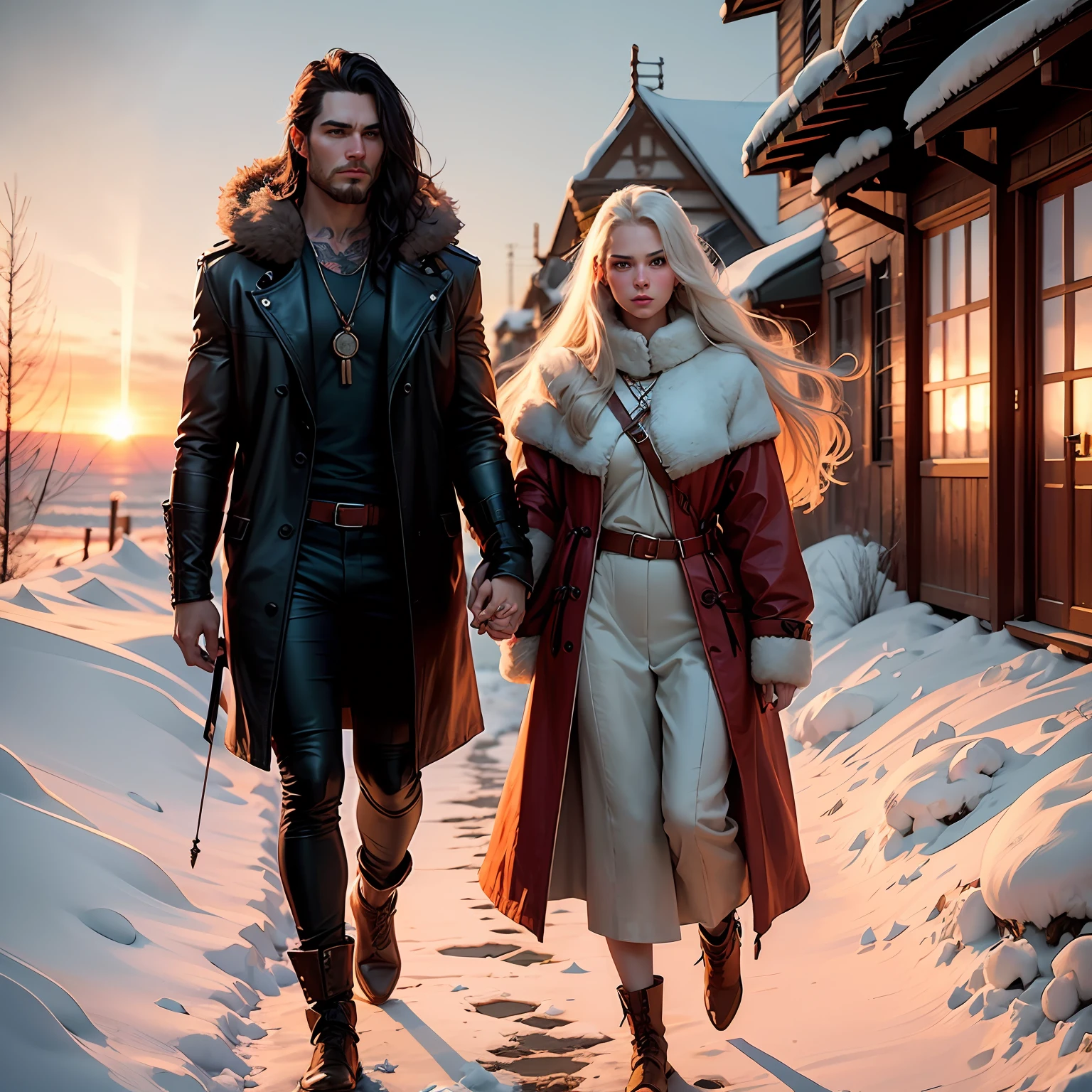 Fantasy Couple of characters. The man is young, tall, with long very dark hair and leather furry clothes suitable for winter, and resembles a Viking with tattoos. The woman is short stature, young, incredibly beautiful, delicate, white-haired, with long straight hair, light blond straight hair, wearing winter archer clothes. They are in a place covered with snow in the sunset light. Perfect detailed faces, hyperdetailed, painting. Realistic Mucha, sunset light. Hyperrealistic cover photo awesome full color. --auto