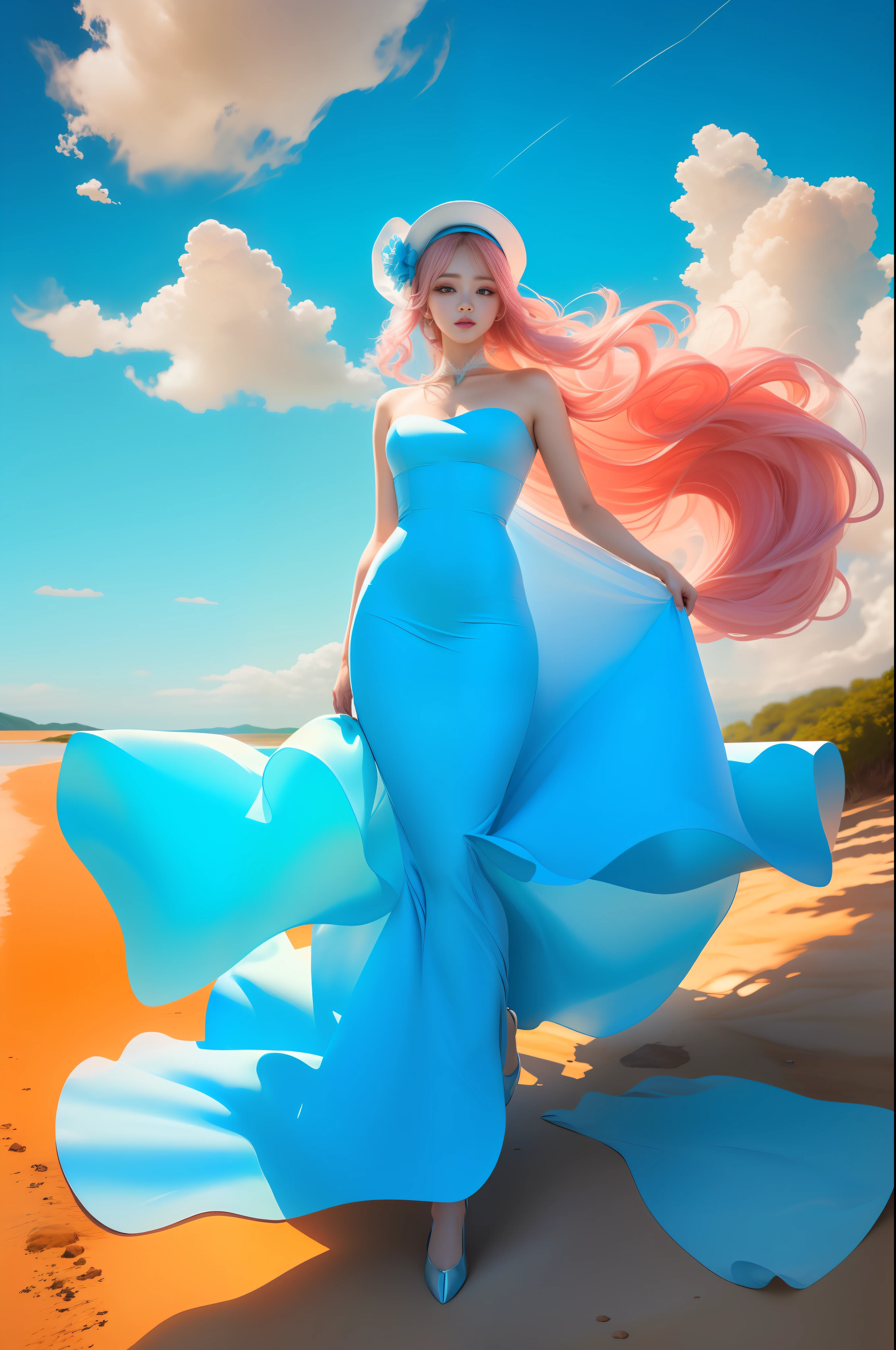 (8k, RAW photo, photorealistic:1.25) ,( lip gloss, eyelashes, glossy side, shiny skin, best quality, ultra high resolution, depth of field, chromatic aberration, caustics, wide light, natural shadow, headwear, Kpop idol) , light pink and blue style, 1girl, (blue sky: 1.5), tall and thin beauty goddess, flowing dress, conservative girl, cloud goddess, flowing white fabric, wearing a flowing dress, Super long dress, realistic, (background with blue sky and white clouds: 1.4), (wind: 1.5), (full body: 1.5), add_detail,