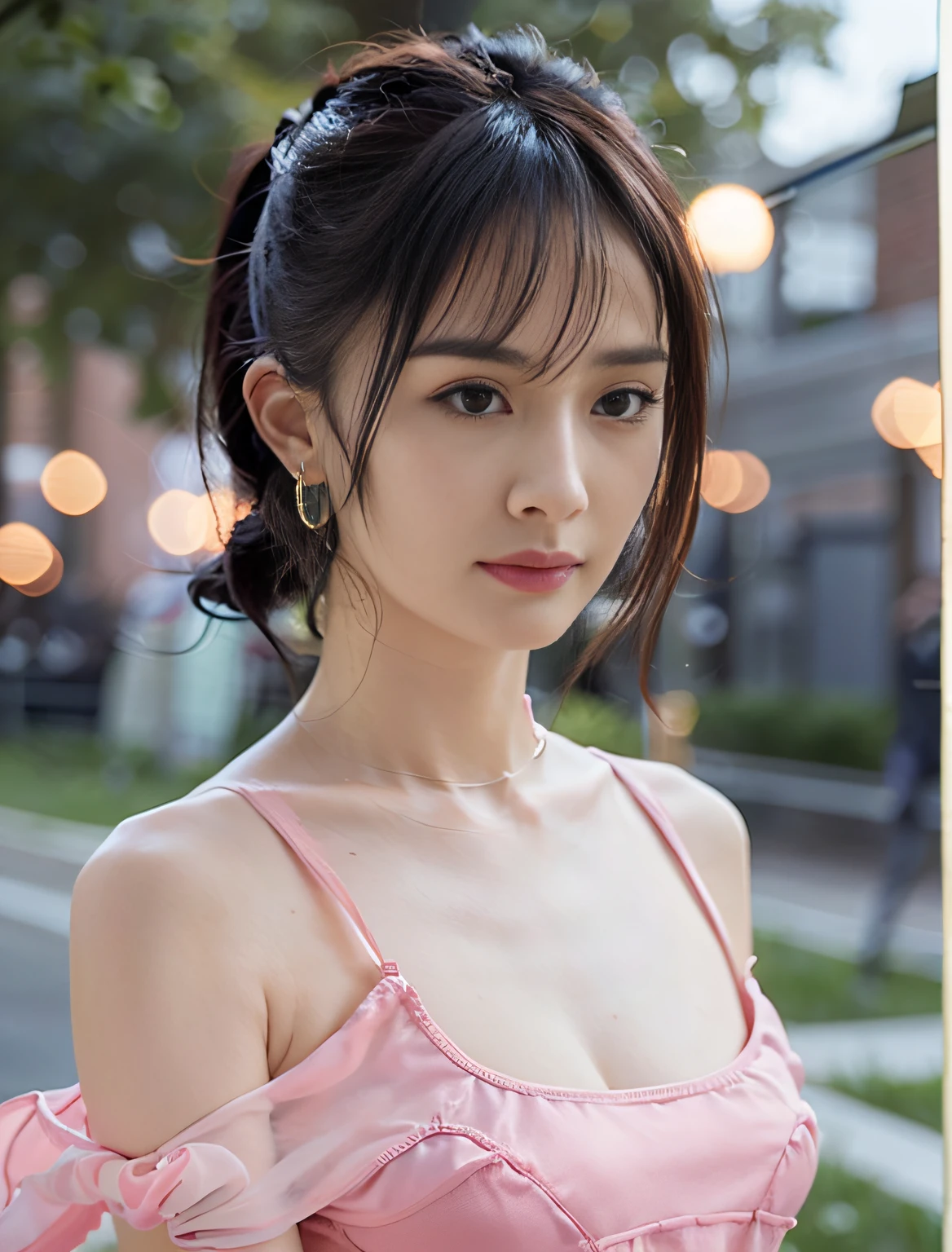 yangmi,mimi,random pose, (very delicate and beautiful piece), (masterpiece), a girl, (schoolgirl: 1.2), high resolution, waistline, twisted ponytail, charming expression, beautiful clear eyes, green pupils, delicate earrings, fairy-like ears, simple blurred background, very detailed description, beautiful face, delicate figure, thin collarbone, beautiful lips, soft back view, mix4, (8K, RAW photo, top quality, masterpiece: 1.2), (Realistic, Realistic: 1.37), A Girl, Cute, Cityscape, Night Rain, Professional Lighting, Photon Mapping, Teleportion, Physically Based Rendering, (Shiny Skin: 1.2)