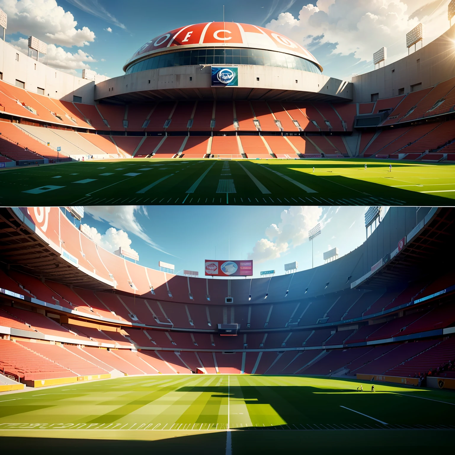 Create an illustration of a football stadium with a futuristic design, with unique architectural elements and advanced technology. --auto