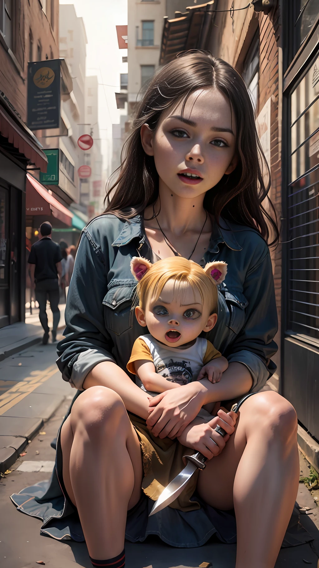 Chucky with knife in lap of scared 18 year old brunette girl,with long torn dress,sweaty,in a city alley in the dark,16k detailed realistic