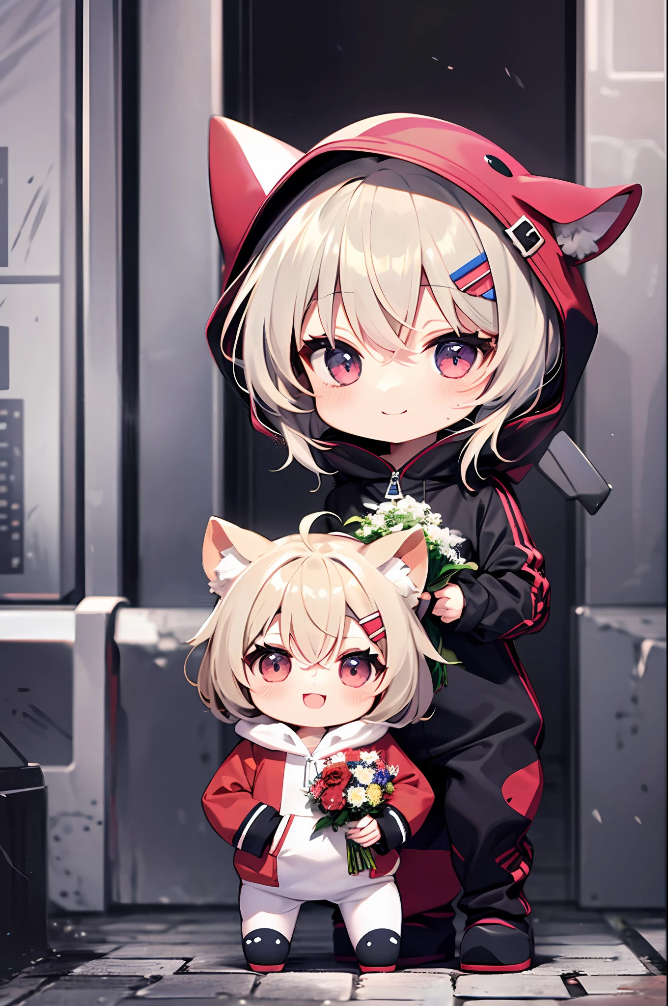 (Chibi: 1.3), happy, (holding a bouquet), full body, Kigurumi,