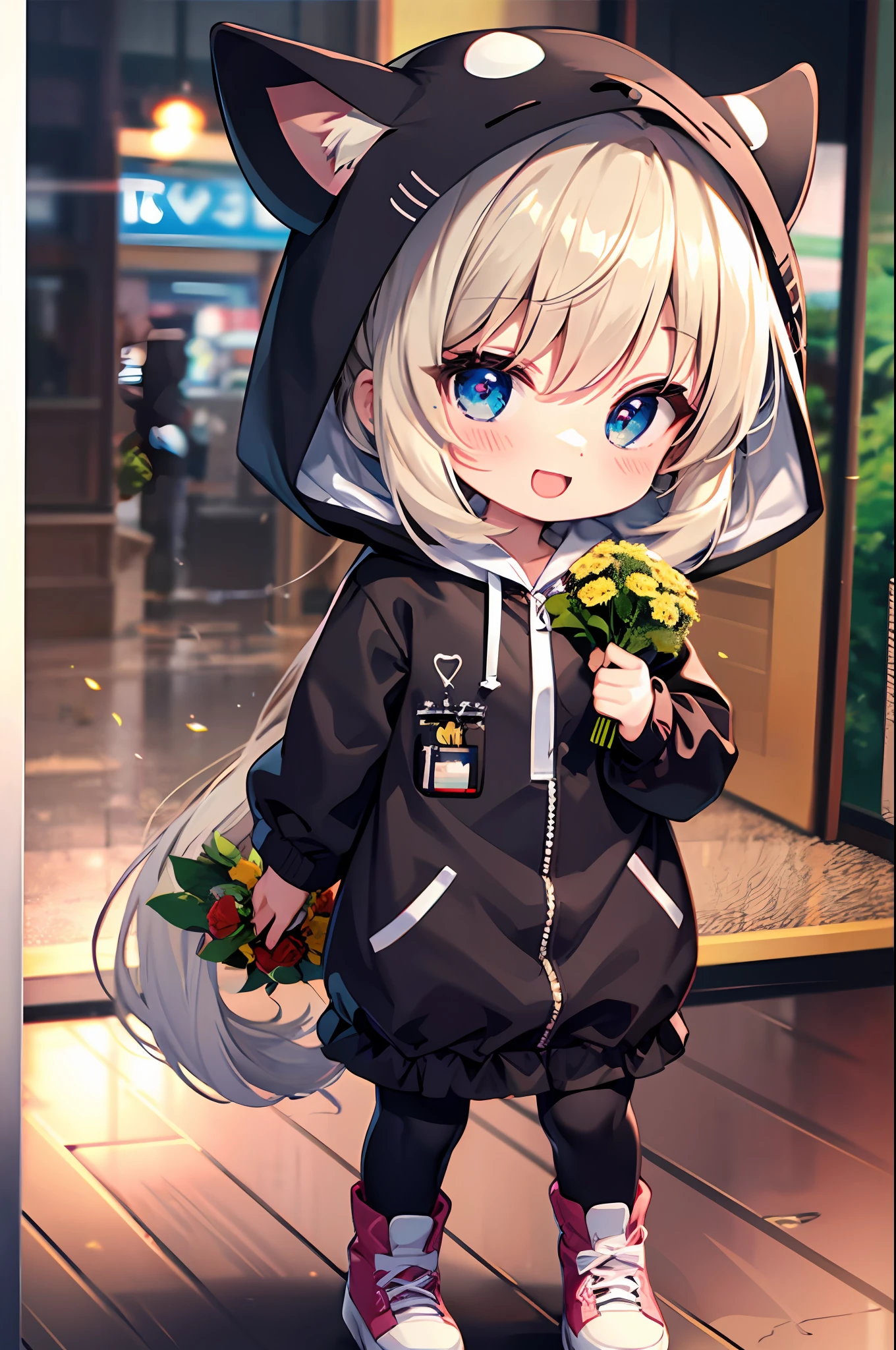 (Chibi: 1.3), happy, (holding a bouquet), full body, Kigurumi,