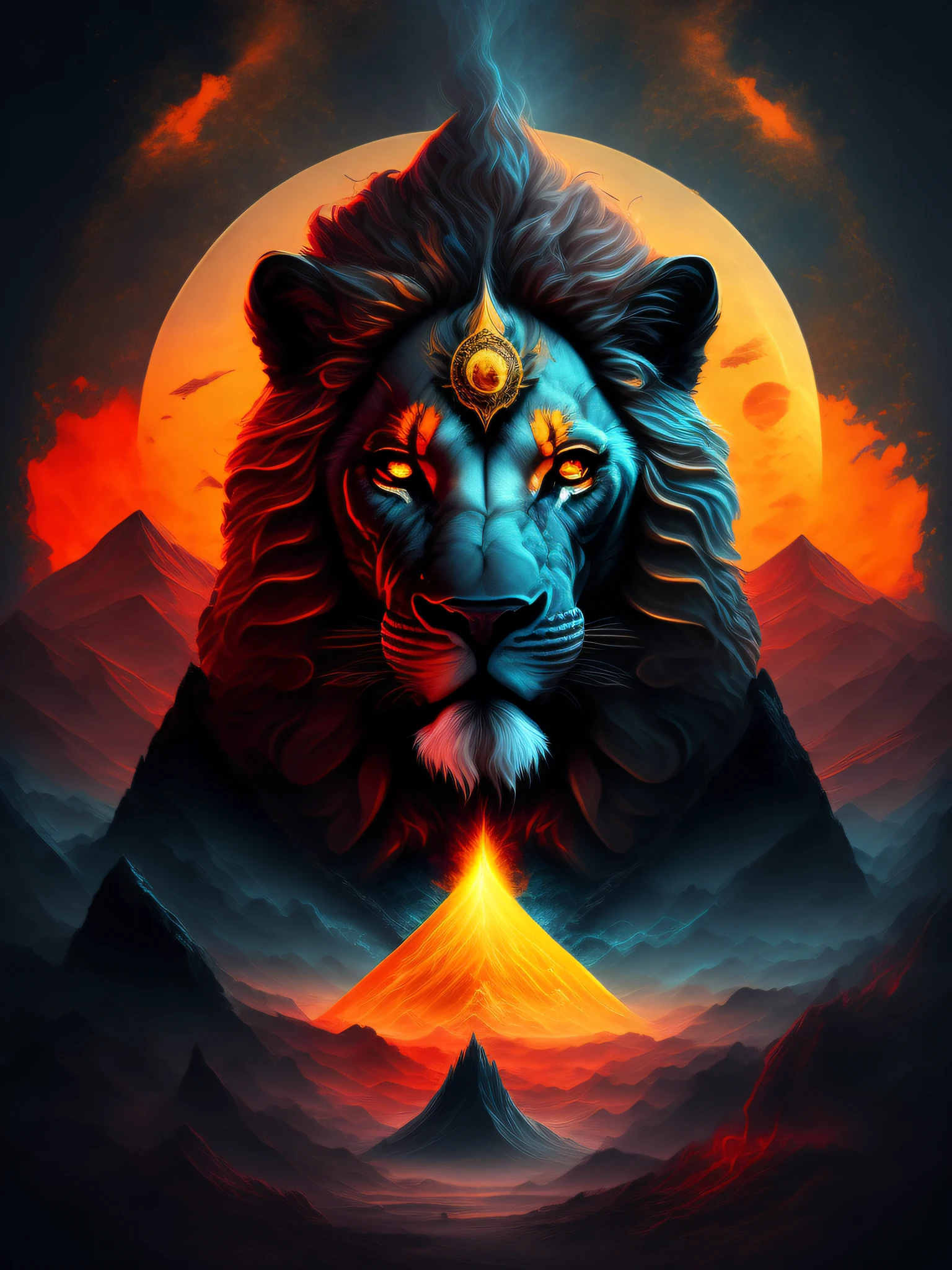 Land of Mordor, mountains illuminated by a volcano, lava descending and forward a tower with a giant eye on top, lion's pupil, red eye, black smoke, Lord of the Rings, Sauron, all-seeing eye, Sauron's eye, fantasy, bluish, orange, yellow and red tones, T-shirt design, midjourney, vector art, hydro74,lion in front