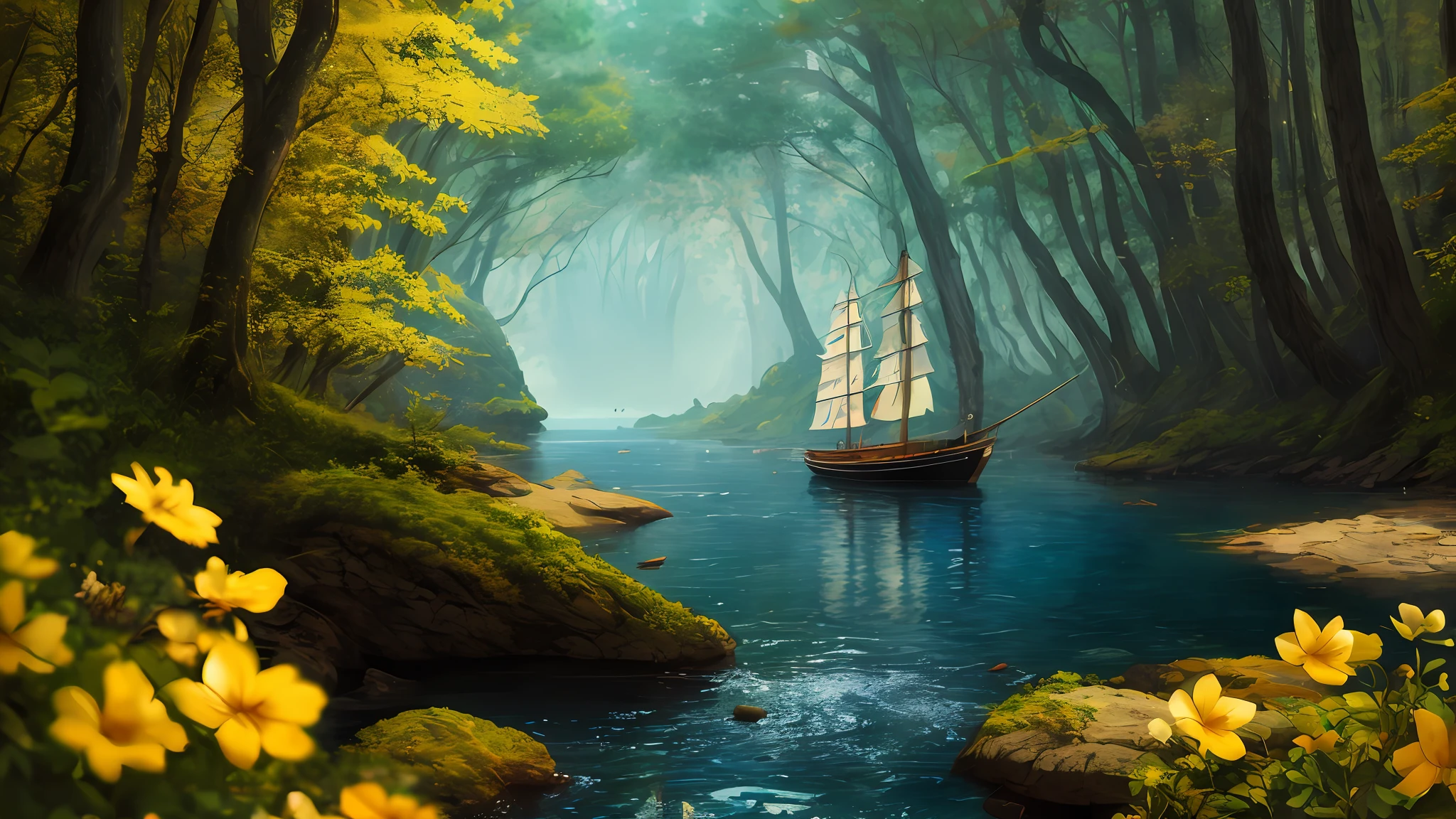 Masterpiece, best quality, high quality, extremely detailed CG unity 8k wallpaper, charming and dreamy front view scene of sailing on narrow forrestry river in a dream forest, Tyndall light, towering trees, hidden fairy canyon, creating a mysterious and captivating feeling, artstation, complex, trend, award winning photography, bokeh, depth of field, HDR, bloom, chromatic aberration, realism, very detailed, trends on artstation, CGsociety On trend, sophisticated, highly detailed, dramatic, midjourney art