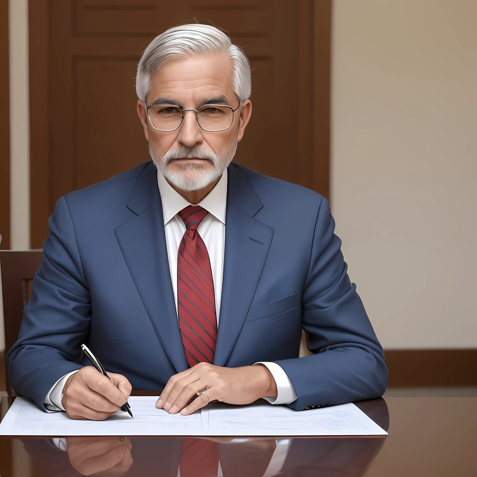 A man of sixty, with gray hair and short combs back, very short gray beard, rounded face, glasses with blue frame, with navy blue suit, white shirt and red tie, sitting at a table, signing papers and looking at who sees the image --auto