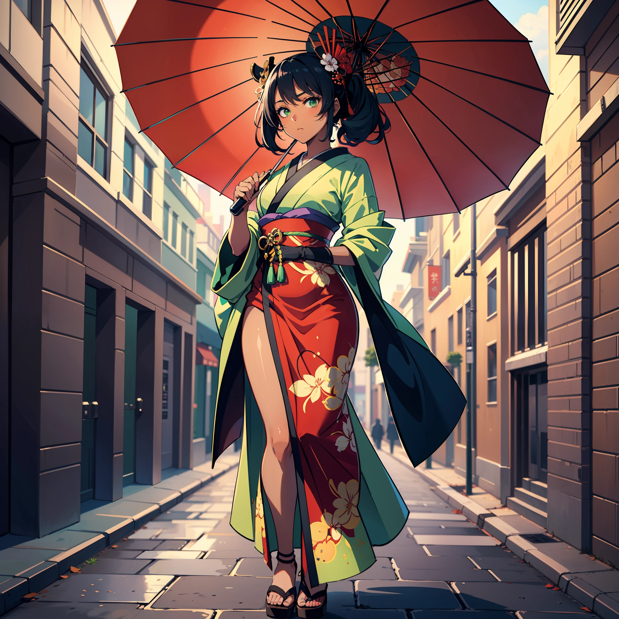 A geisha, dark skin, green eyes, holds an umbrella and looks seriously, full body, beautiful