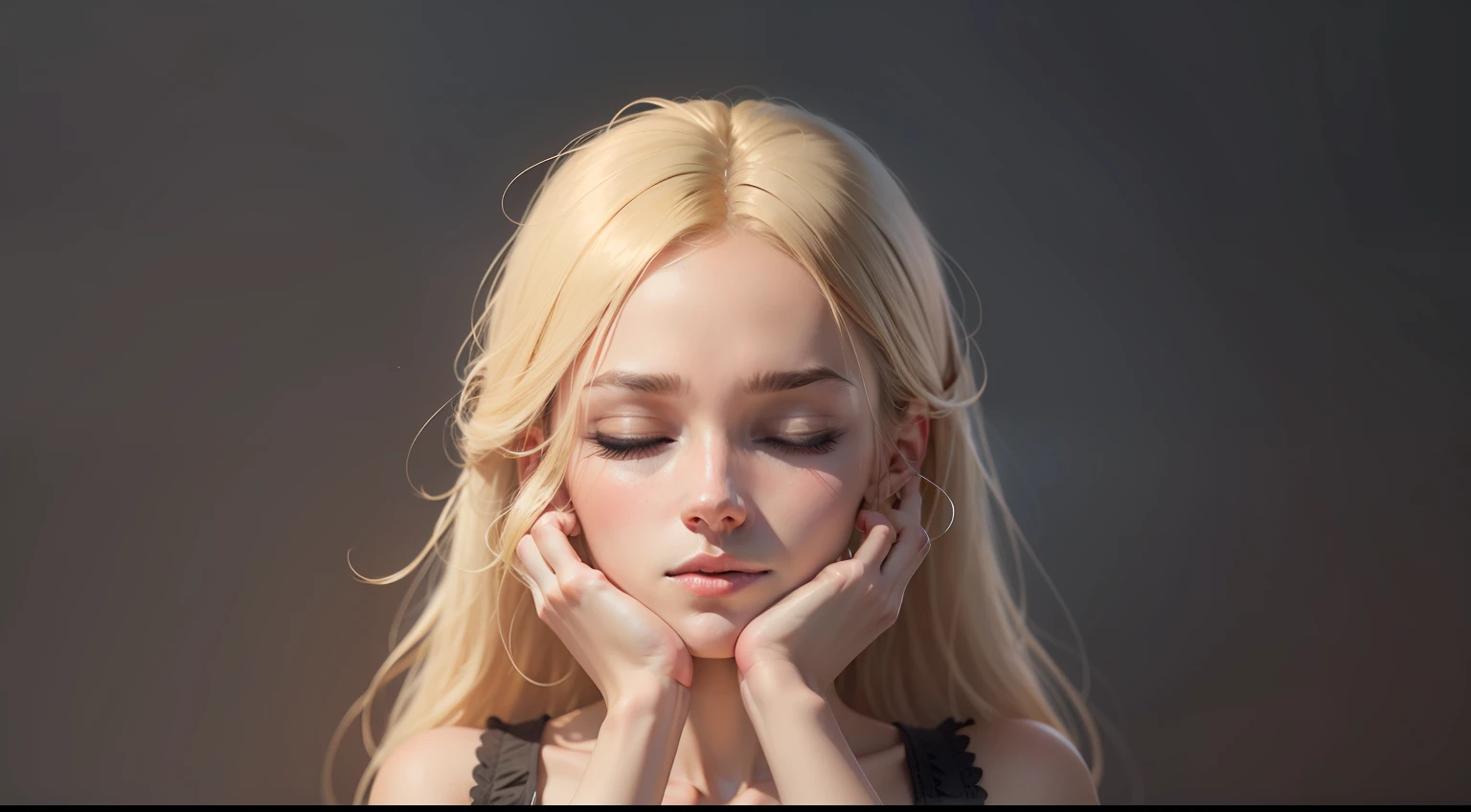 a woman thinking, black background, blonde, eyes closed, hands over face, whole body