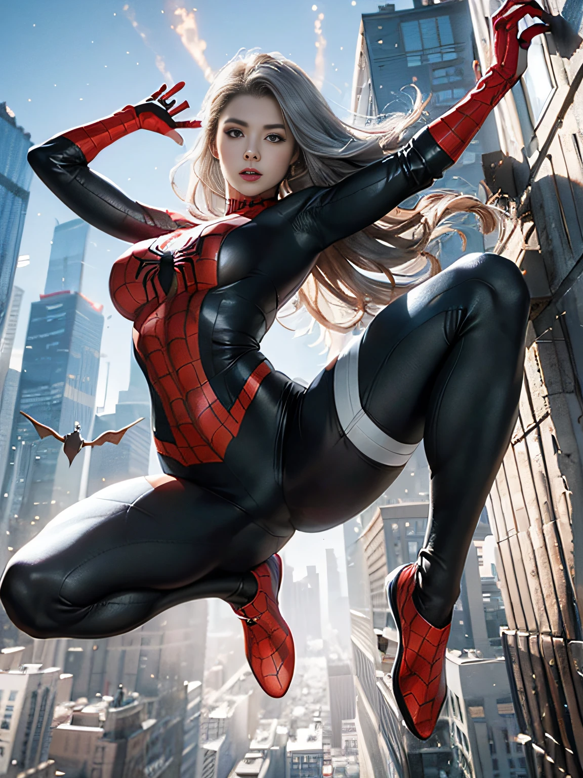 1 woman, 1 face, 1 body, (jumping from skyscrapers, swooping down, dynamic, motion blur: 1.4), looking at breasts, 3d female spider-man , white and black spider-man suit based on white with body fit, spider emblem black, sexy, masterpiece, high resolution, photorealistic, best quality, perfect lighting, adult, mature, Female, 1 girl, 8k, realistic, photorealistic, ultra detailed, full body, gray hair, glowing eyes, (masterpiece:1.2), (best_quality:1.2), (ultra_detailed:1.3), 8k, extremely_clear, realism, (super realistic:1.3), produces images of perfect abs, perfect quadriceps, cute, thin skin like a vampire. The girl must have the look of a devil's smile