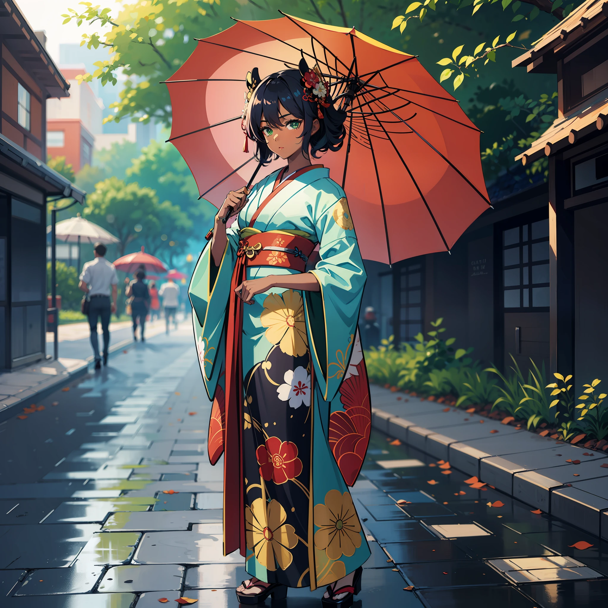 A geisha, dark skin, green eyes, holds an umbrella and looks seriously, full body, beautiful