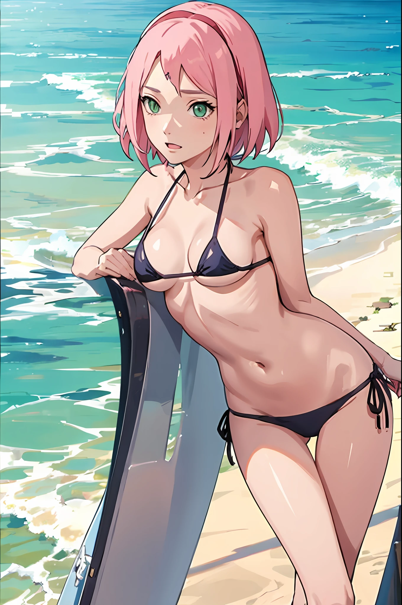 haruno sakura, side tie bikini, medium breast, slim legs, sunny day, Beach, leaning