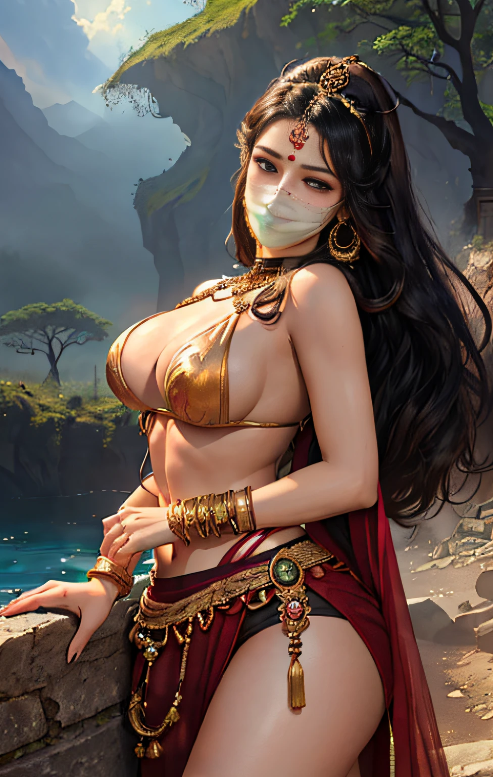 ((realistic: 1.5),((best quality)), ((masterpiece)),((detailed)), (1girl), asian, {a beautiful woman wearing, (upper body: 1.3), super-wide-angle lens, focus on face, extreme detailed face, detailed face, detailed eyes, mature, sexy, toned muscles, long legs, curvy, barefoot, medium breasts, open neckline, sagging breasts, thick thighs, wide hips, thin legs, green eyes, long black hair, floting hair, long eyelashes, (detailed face, beautiful eye, detailed pupils, detailed features of clothing, light background: 1.3), (Bindi, Jhumkas: 1.3), (Armlet, Haar, Payal, Maang Tikka, Jhumkas, Kamarband, Bangles: 1.3), mysterious ancient ruin, lush forests, red clothes, deep canyons, bridge, river, cliff, cloud, lakes, rock, waterfalls, flowers, fog, vine, tree, smoke, best shade, bright details, sharp, perfect composition, Intricate, sharp, dramatic focus, by Frank Frazetta, by Julie Bell, by Olivia De Berardinis, by Luis Royo,by boris vallejo, (specular lighting:1.3),rim light, princesses, real topless, hugging and touching each other, teasing the friend's belly, teasing the friend's buttocks, blushing the friend, biting the friend's earlobe, hugging each other from behind, touching the friend's breasts from underneath, Mask in the mouth, mask on the face