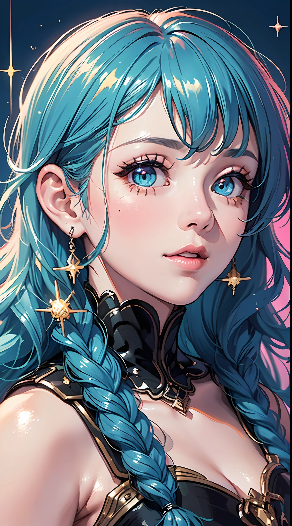 multicolored eyes, multicolored hair, glowing eyes, bright pupils, facial mark,(((masterpiece))), (((best quality))), ((ultra-detailed)), (illustration), ((concept art)), (detailed light),((an extremely delicate and beautiful)), (beautiful detailed eyes), (((1male))), (((face focus, closeup shot))), ((shinning glitters)), (((glitter for pupils))), ((looking to the side)), (excited), (((hands on face))), ((short neon braids, thick curly hair)), ((enamored)), ((in delusion)), blur blue background, scenery, Dark Fantasy,((detailed hairs)),