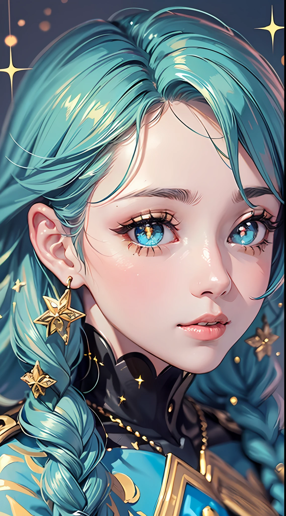multicolored eyes, multicolored hair, glowing eyes, bright pupils, facial mark,(((masterpiece))), (((best quality))), ((ultra-detailed)), (illustration), ((concept art)), (detailed light),((an extremely delicate and beautiful)), (beautiful detailed eyes), (((1male))), (((face focus, closeup shot))), ((shinning glitters)), (((glitter for pupils))), ((looking to the side)), (excited), (((hands on face))), ((short neon braids, thick curly hair)), ((enamored)), ((in delusion)), blur blue background, scenery, Dark Fantasy,((detailed hairs)),