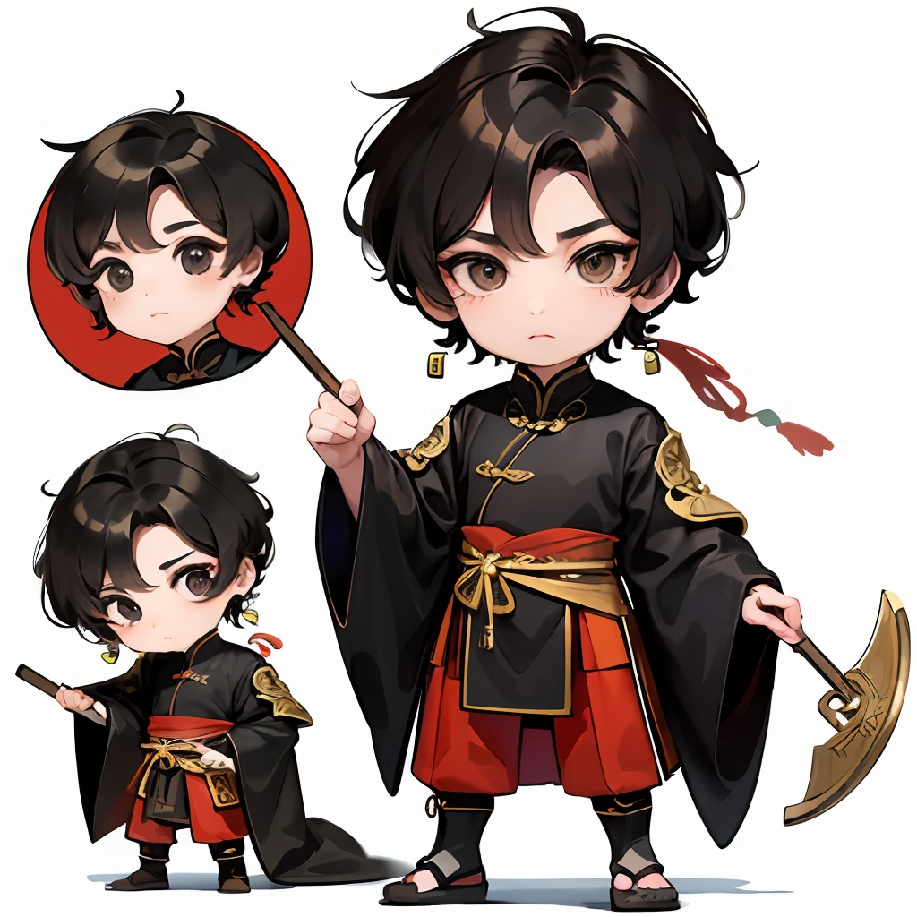 Masterpiece, Superb (1 boy: 1.8), (Chibi: 1.8), standing, sideways, (ancient Chinese clothes: 1.2), long black hair, black eyes, white background, simple background
