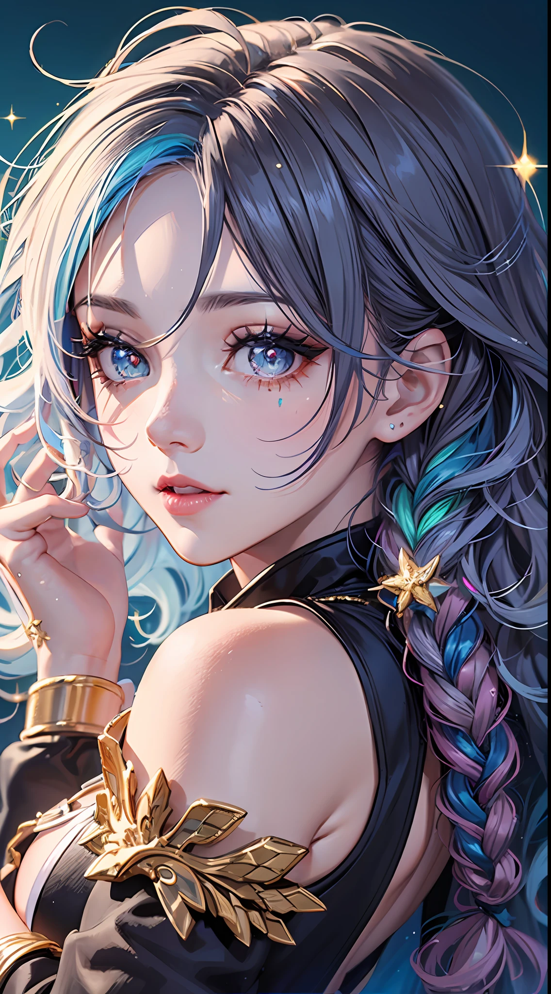 multicolored eyes, multicolored hair, glowing eyes, bright pupils, facial mark,(((masterpiece))), (((best quality))), ((ultra-detailed)), (illustration), ((concept art)), (detailed light),((an extremely delicate and beautiful)), (beautiful detailed eyes), (((1male))), (((face focus, closeup shot))), ((shinning glitters)), (((glitter for pupils))), ((looking to the side)), (excited), (((hands on face))), ((short neon braids, thick curly hair)), ((enamored)), ((in delusion)), blur blue background, scenery, Dark Fantasy,((detailed hairs)),