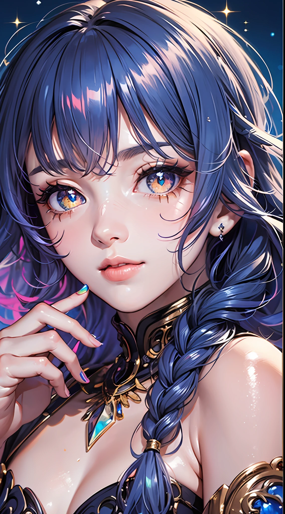 multicolored eyes, multicolored hair, glowing eyes, bright pupils, facial mark,(((masterpiece))), (((best quality))), ((ultra-detailed)), (illustration), ((concept art)), (detailed light),((an extremely delicate and beautiful)), (beautiful detailed eyes), (((1male))), (((face focus, closeup shot))), ((shinning glitters)), (((glitter for pupils))), ((looking to the side)), (excited), (((hands on face))), ((short neon braids, thick curly hair)), ((enamored)), ((in delusion)), blur blue background, scenery, Dark Fantasy,((detailed hairs)),