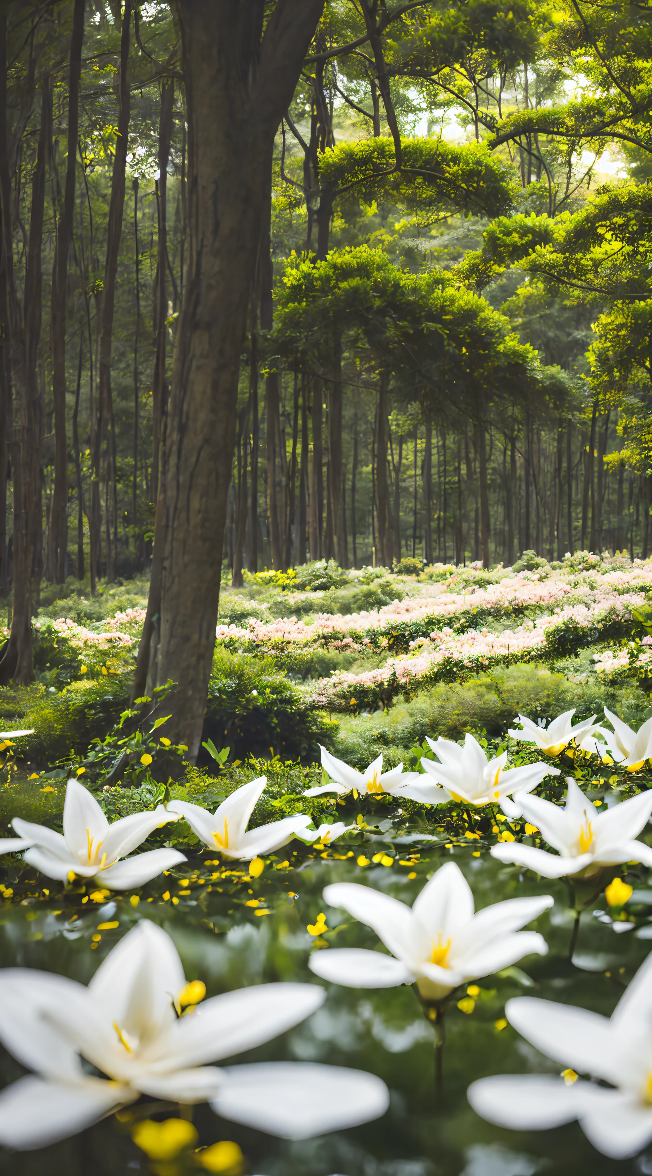 A charming and ethereal flowery field with many white lilies amid a lush forest of vines with greenish branches and spiked in the background, illuminated by a soft sacred angelic light. High detail Photorealistic depth of field with foreground blur, wide-angle, National Geographic style. No humans