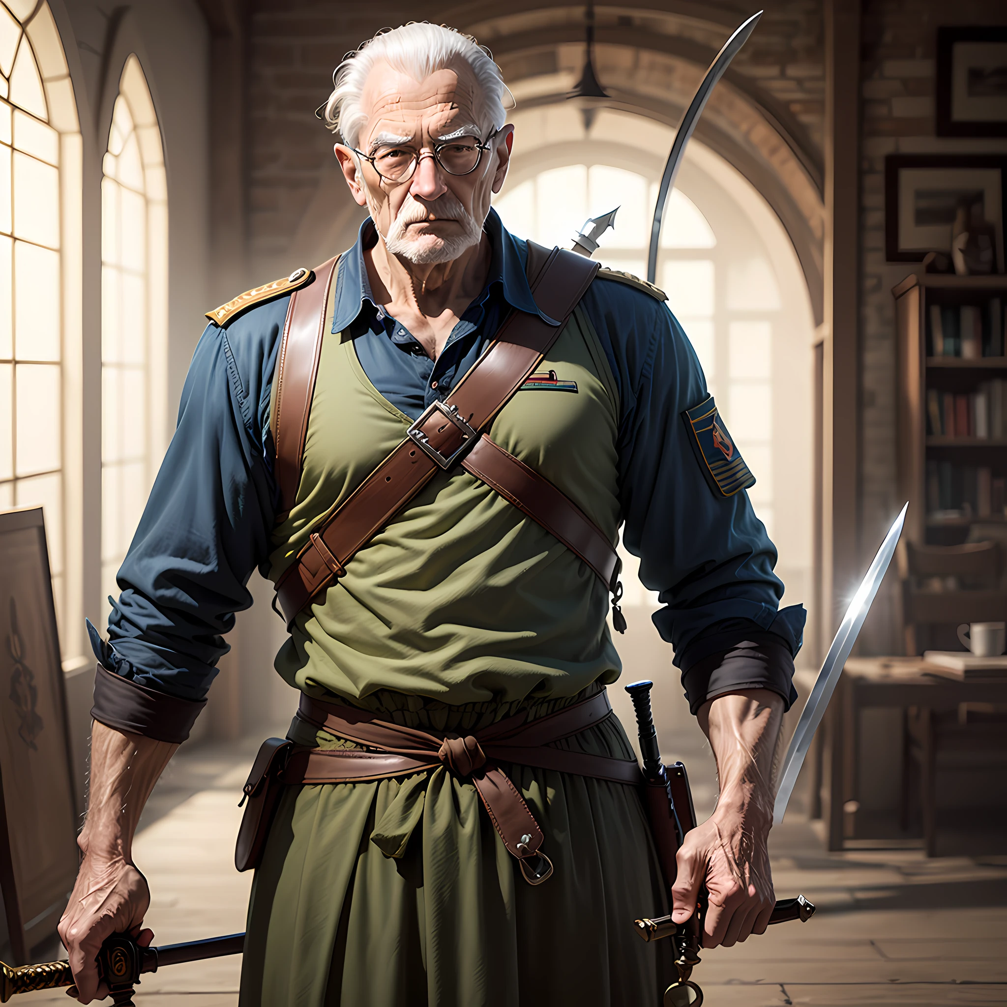 High quality and ultra realistic military Hines, old old old around 60 years holding a sword; --auto