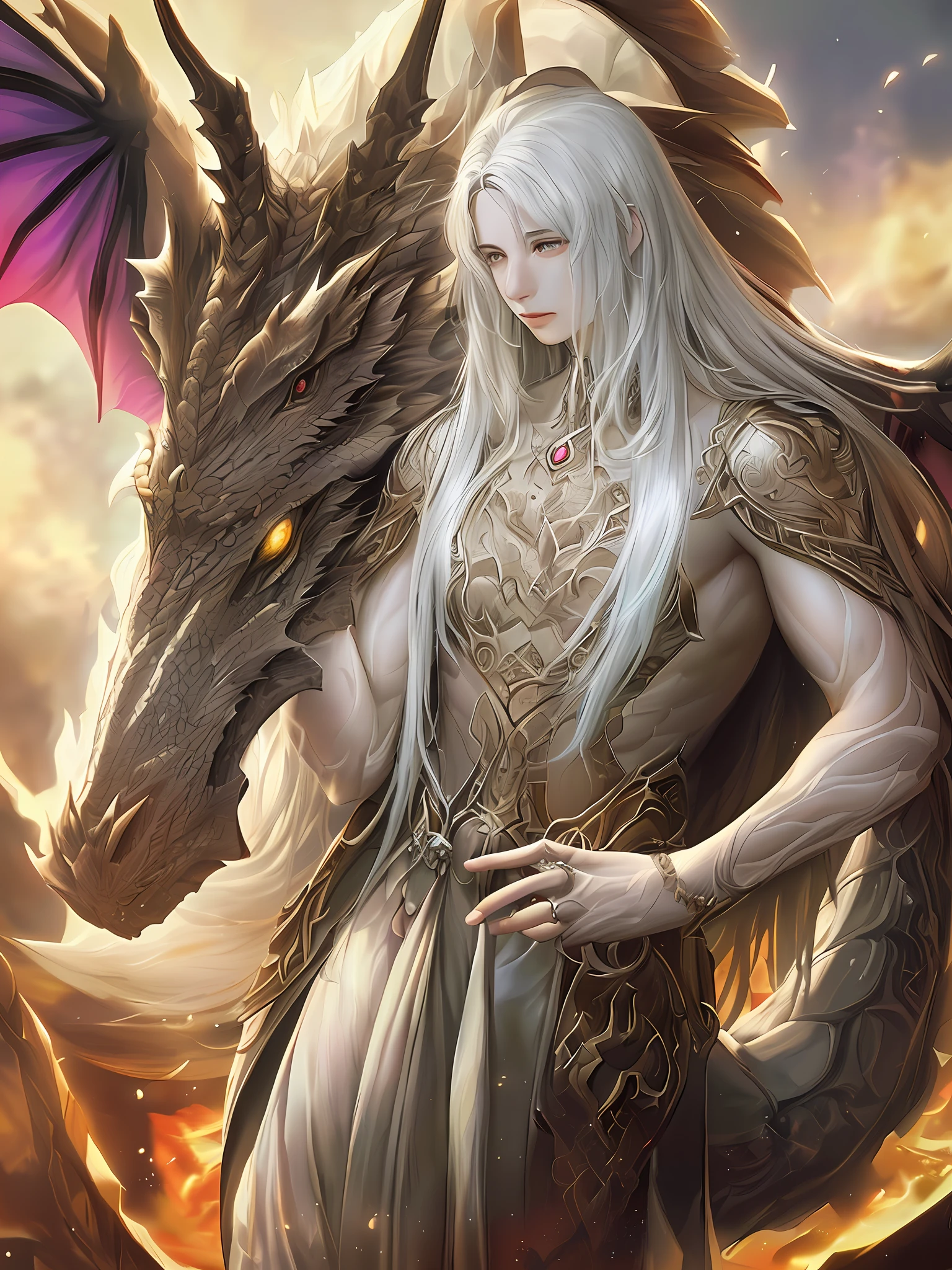 2.5D, novel cover, dragon horn ancient style long-haired man, white skin, white hair, lower body is dragon tail, delicate dragon scales. Gorgeous, antique, noble