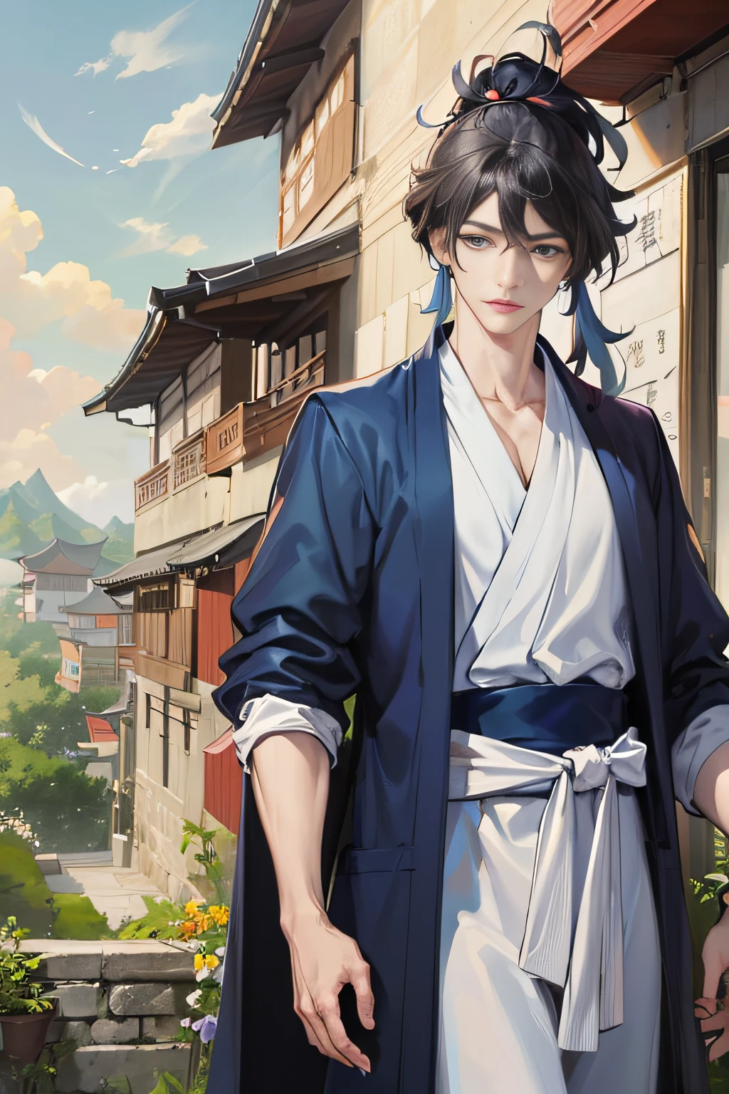 Masterpiece, Excellent, Two Men, Chinese Style, Ancient Chinese, Black Hair, Gray and Blue Eyes, Split Hair, Long Hair, Long Bangs, High Ponytail, Handsome, Masculine, Gentle, Tall, Quiet, Cyan Official Robe, Outdoor, Wind, Young Man, Sad, Posture, (Hanfu, Ming Style), (Ming Style architectural background