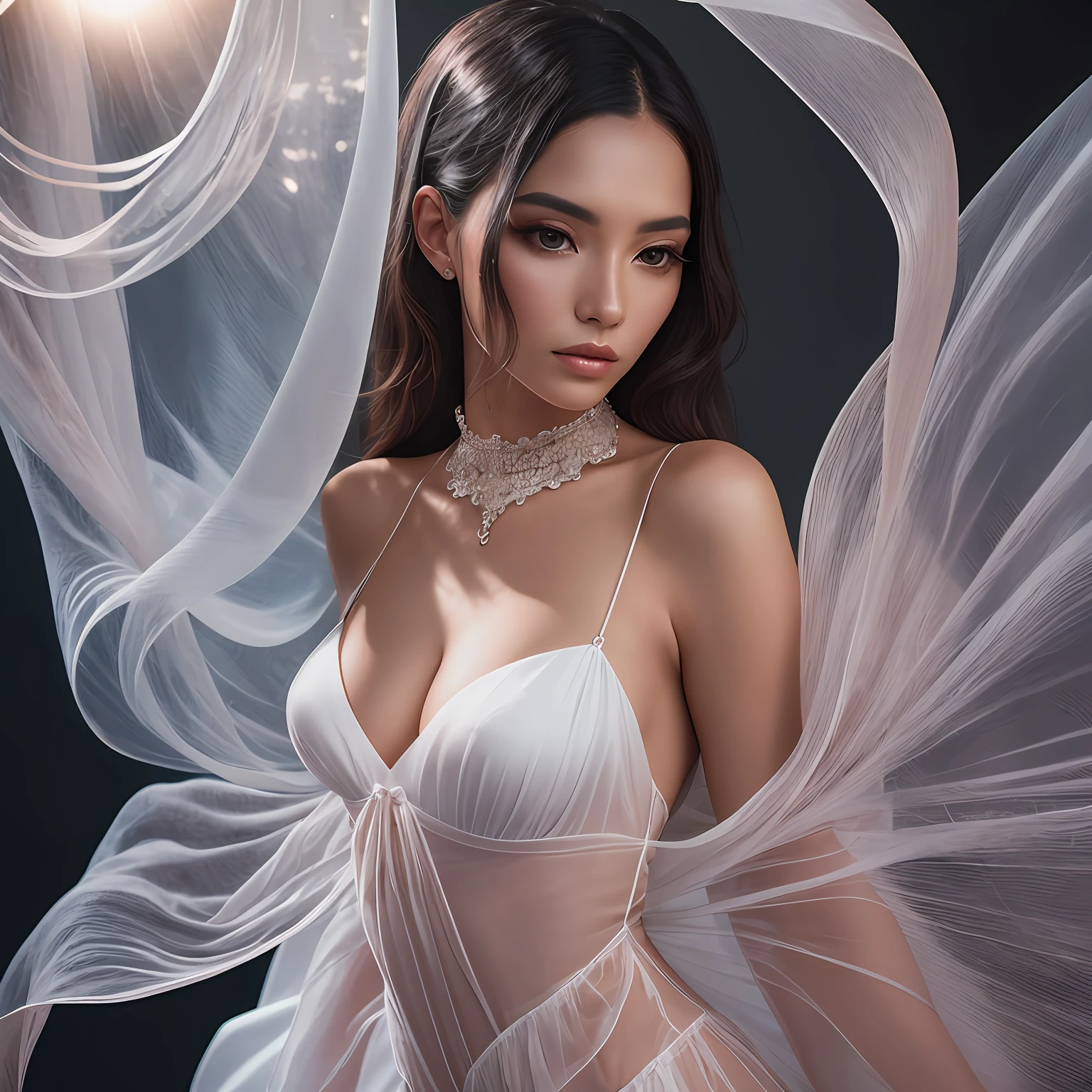 Surreal fashion photography, portrait of a woman up to her chest, avant-garde fashion in translucent flowing fabrics, overhead fabric, telephoto lens, studio lighting, 4K, Canon EOS R3