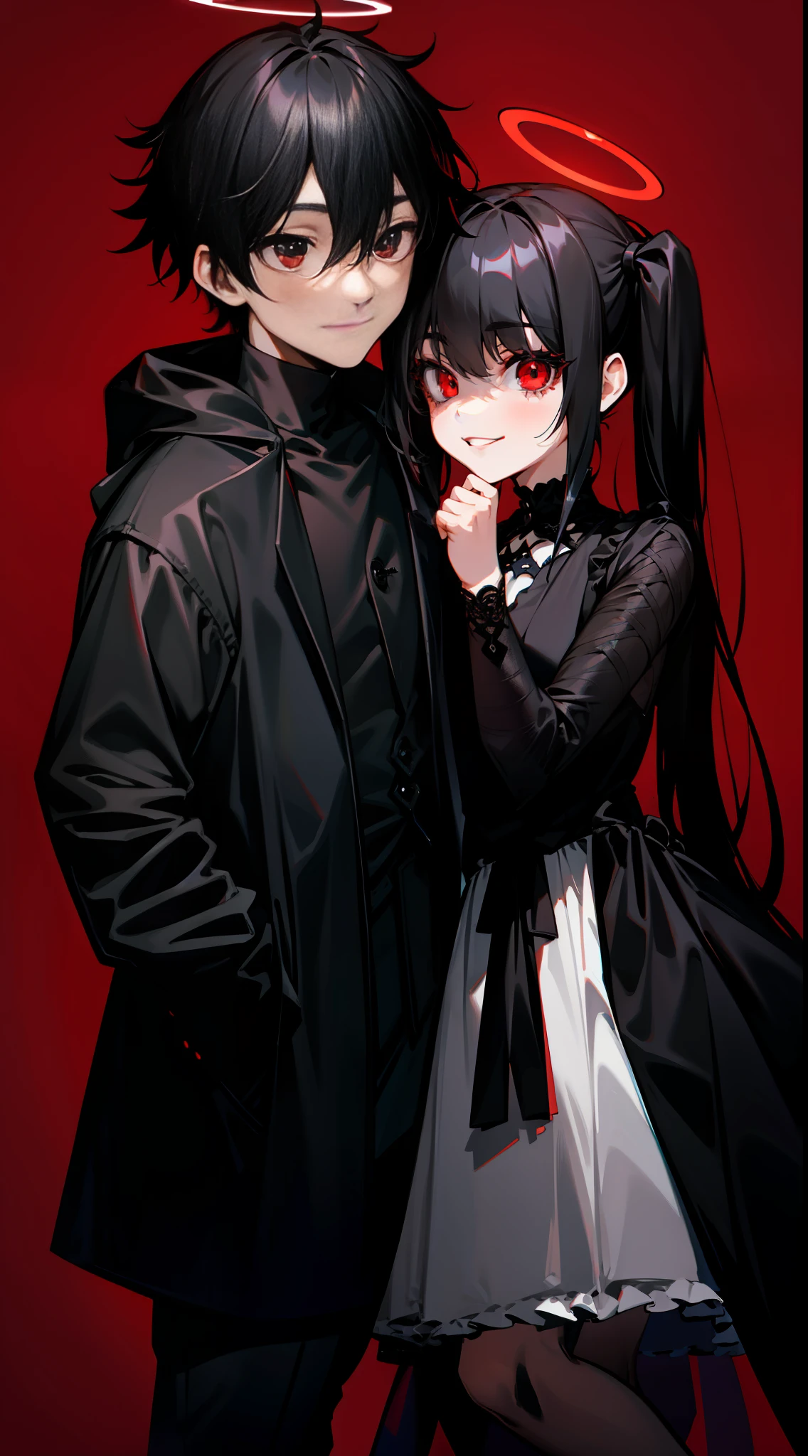1girl, 1boy, red background, girl_black hair, girl_twintails, girl_red eyes, girl_black dress, girl_evil smile, girl_halo, girl_gothic lolita, boy_black coat, boy_black hair,