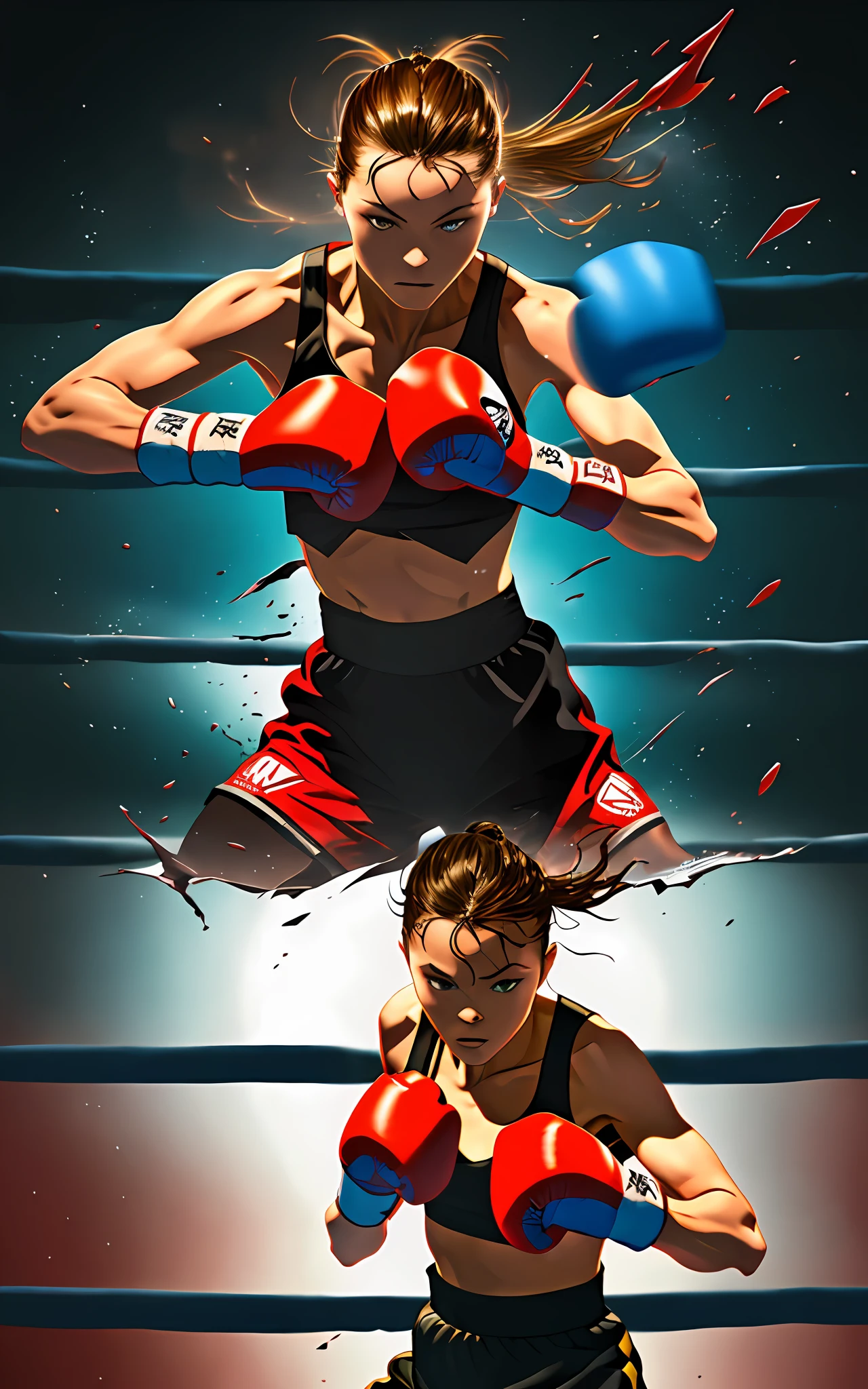 Futuristic boxing + a dynamic fighter, fluid movement, 1.5 ((one fighter taking 1.2 damage)). v5, HD, 22x, wide view. --auto --s2