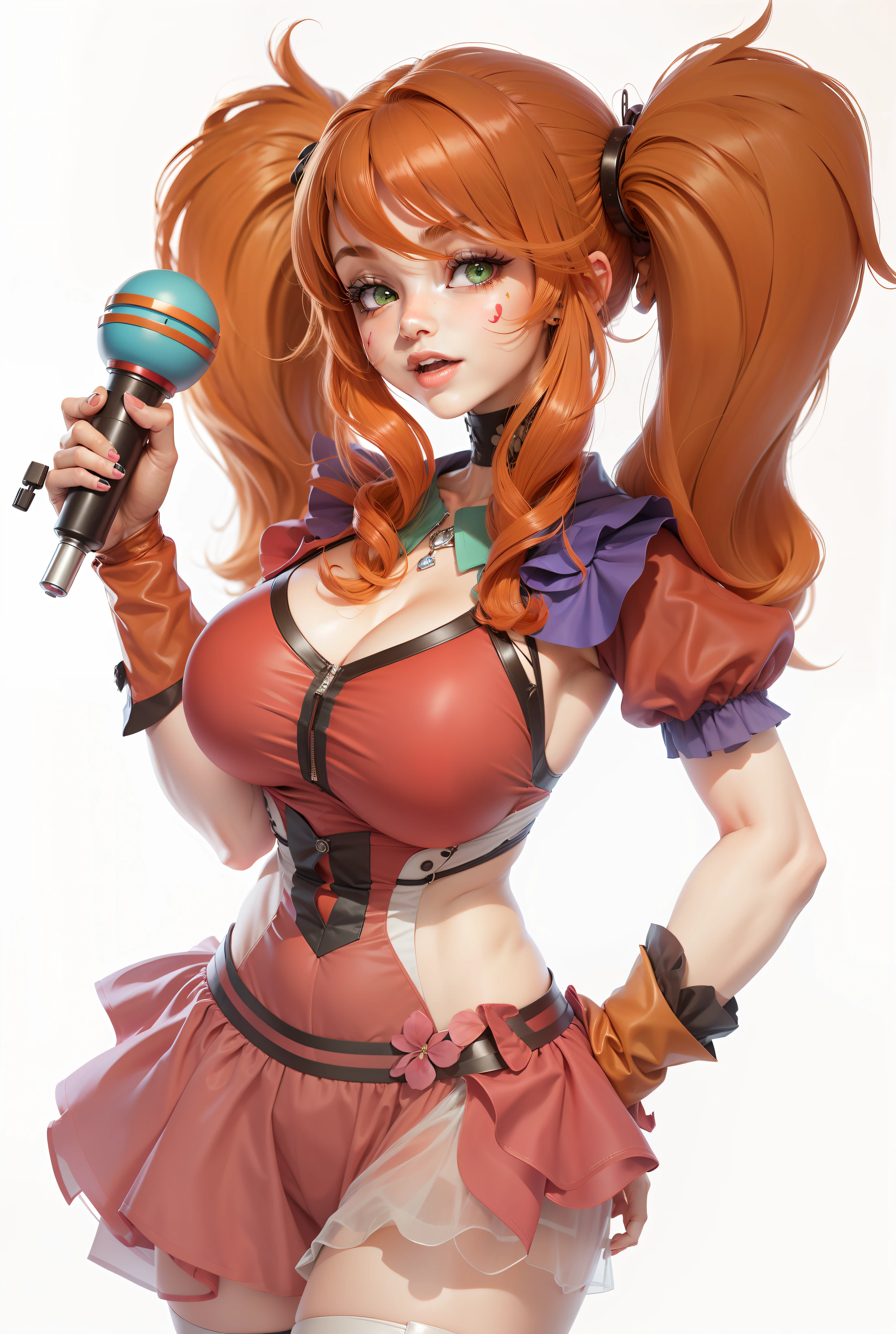 Beautiful clownness, red hair, hairstyle ponytails, sexy lush breasts, detailed chest lines, cute face, green eyes, correct facial features, holds a microphone in her hand, 3D rendering, hyper-detailing, hyperrealism