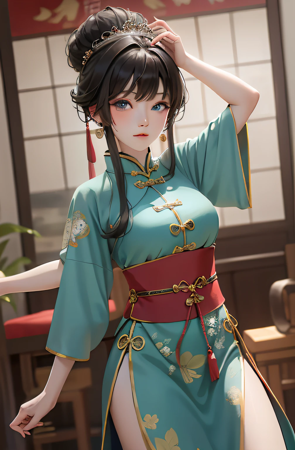 Best quality, masterpiece, black hair, blue eyes, head up, wearing traditional Chinese Tang dynasty costume, (tiara 4.1), dancing, looking straight into camera