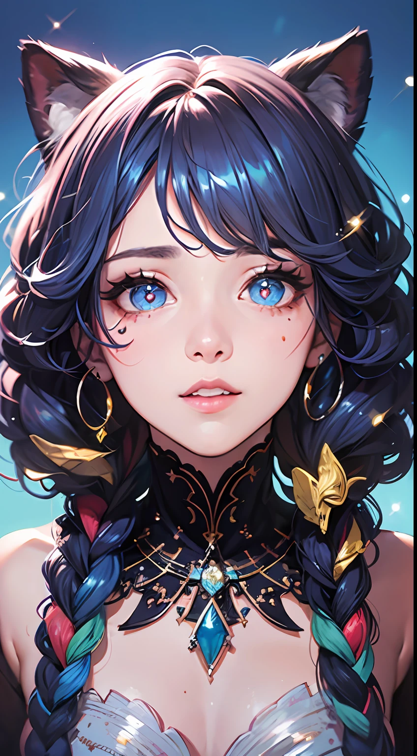 multicolored eyes, multicolored hair, glowing eyes, bright pupils, facial mark,(((masterpiece))), (((best quality))), ((ultra-detailed)), (illustration), ((concept art)), (detailed light),((an extremely delicate and beautiful)), (beautiful detailed eyes), (((1male))), (((face focus, closeup shot))), ((shinning glitters)), (((glitter for pupils))), ((looking to the side)), (excited), (((hands on face))), ((short neon braids, thick curly hair)), ((enamored)), ((in delusion)), blur blue background, scenery, Dark Fantasy,((detailed hairs)),